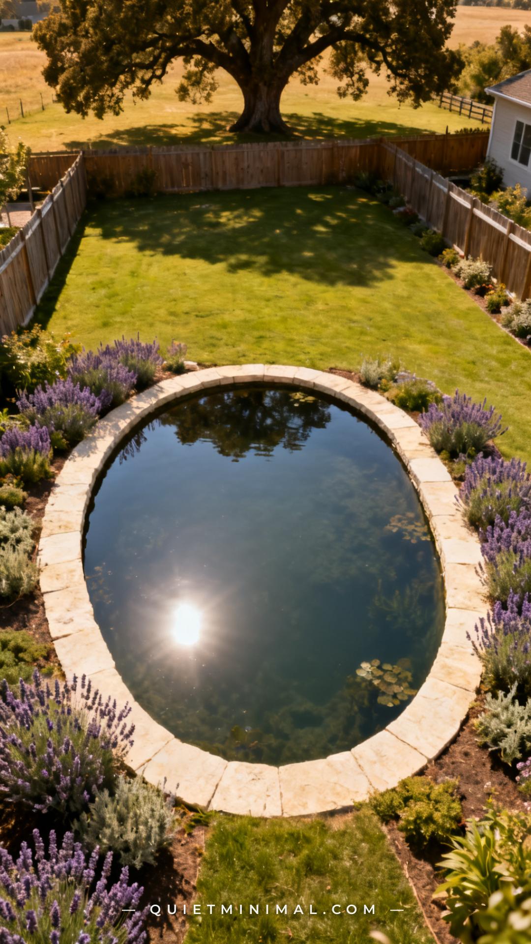 A wide vertical aerial-perspective photograph establishes a backyard garden layout where a small oval pond sits in an op