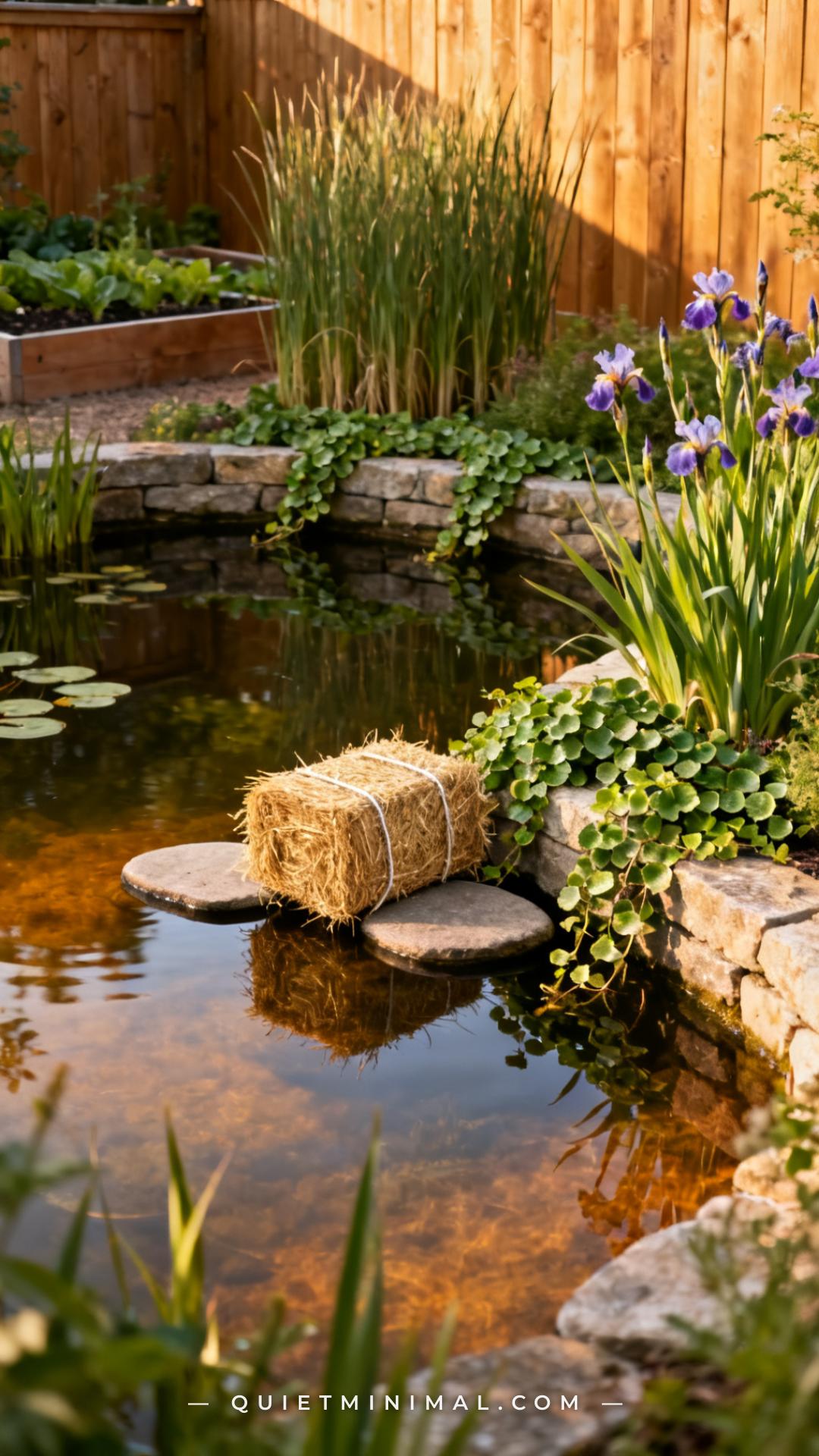 A medium-wide vertical photograph shows a backyard pond in midsummer