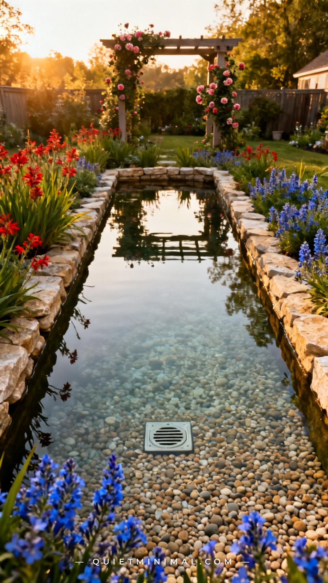 A wide vertical establishing shot looks across a larger backyard pond — approximately 10 feet across — whose gravel-cove