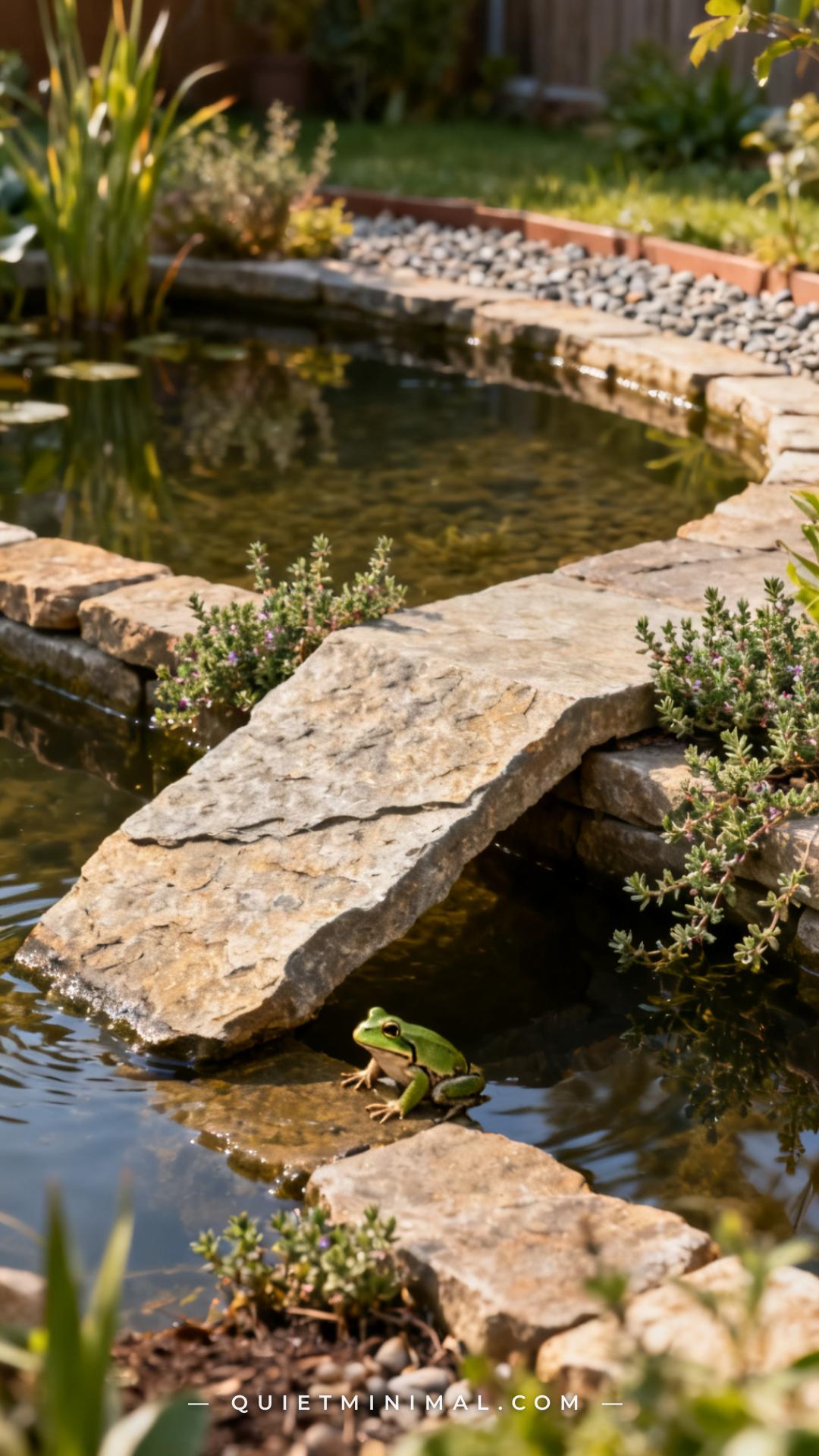 A wide establishing photograph captures a naturalistic backyard pond with a textured stone ramp sloping gently from the