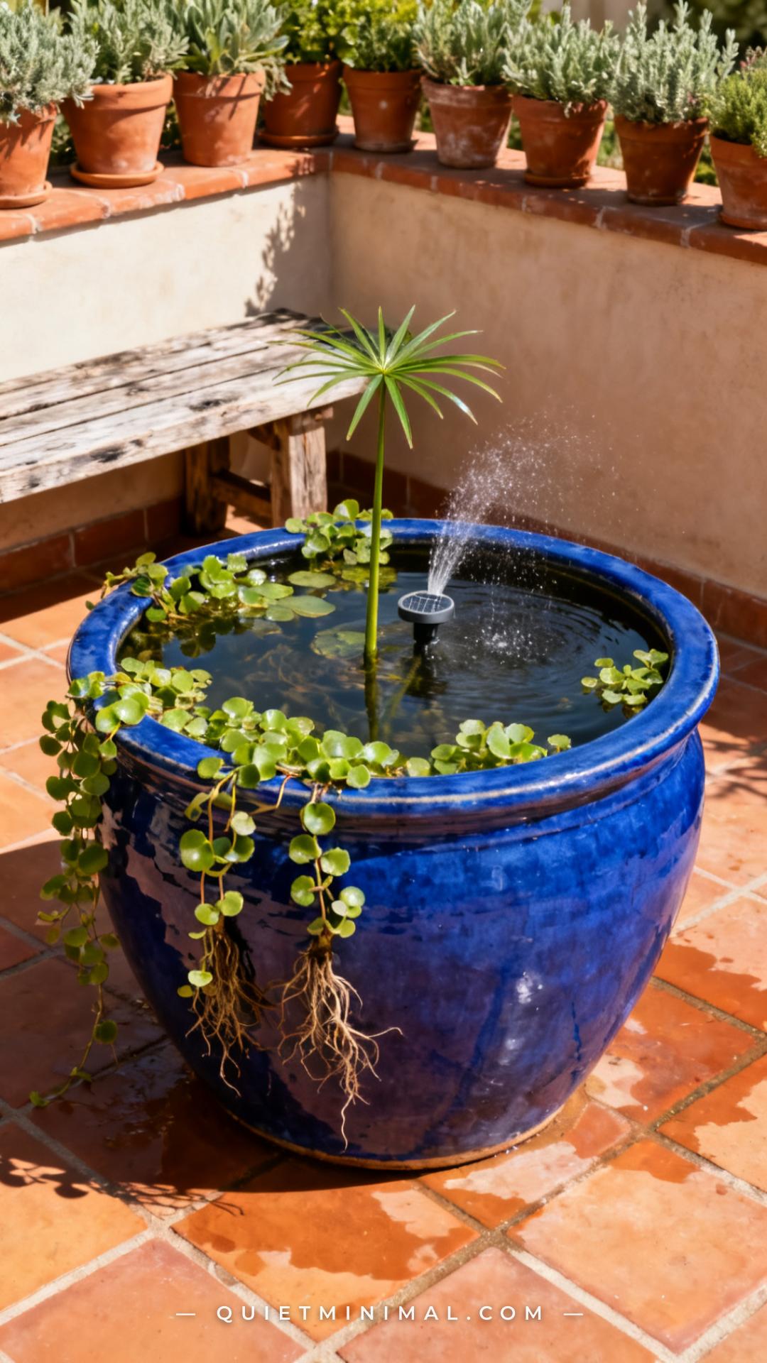 A wide vertical photograph establishes a sunny patio corner where a large glazed ceramic pot — deep cobalt blue