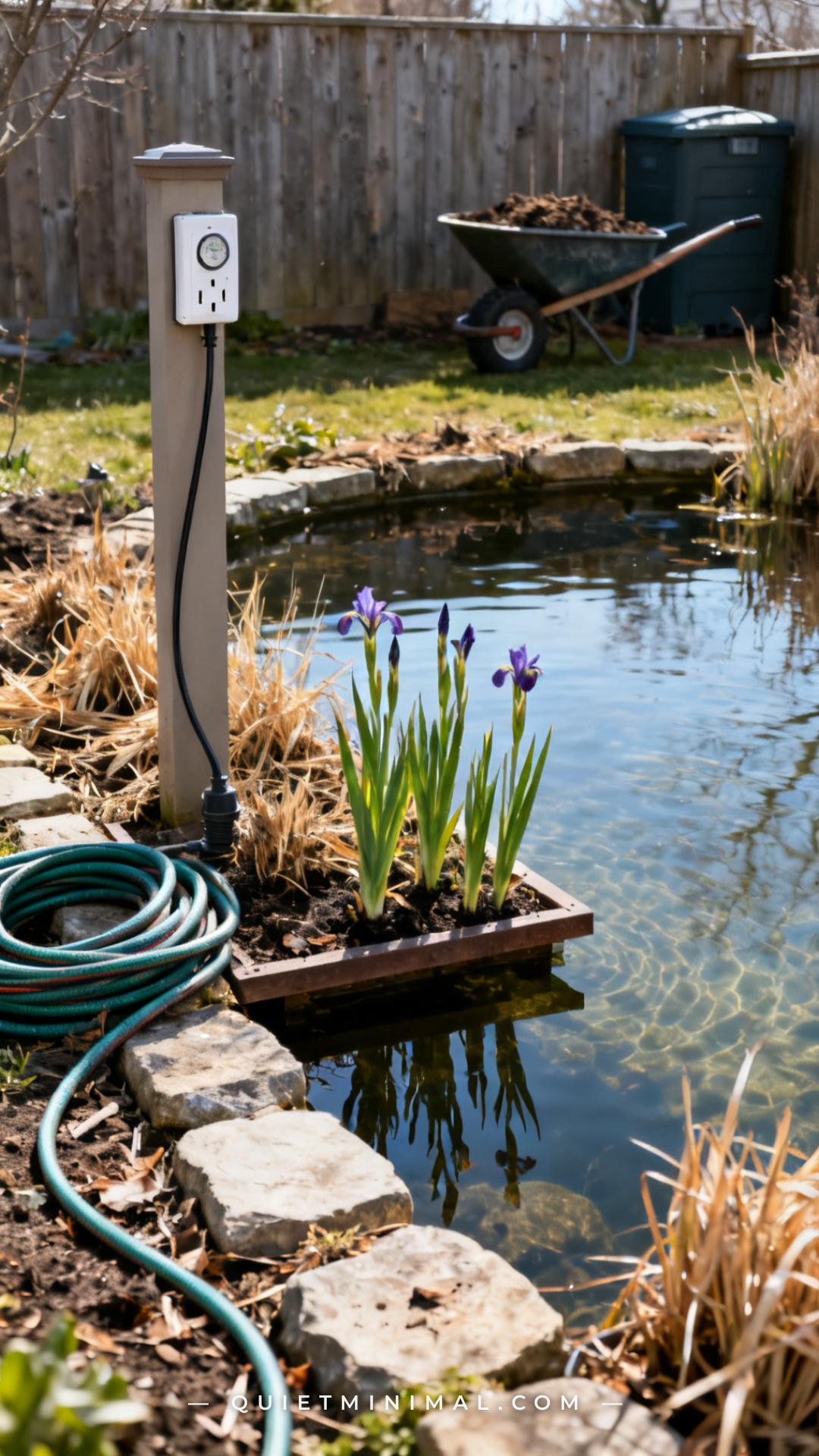 A wide vertical photograph shows a tidy backyard pond in early spring