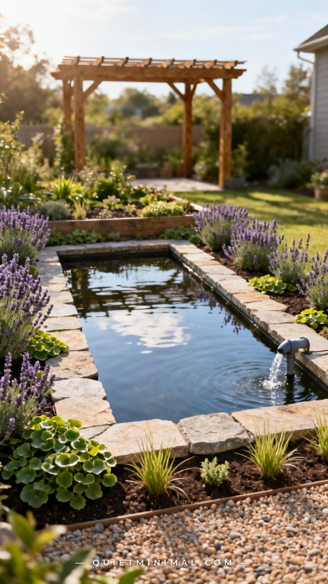 A wide establishing shot of a mid-sized backyard rectangular pond approximately six feet long