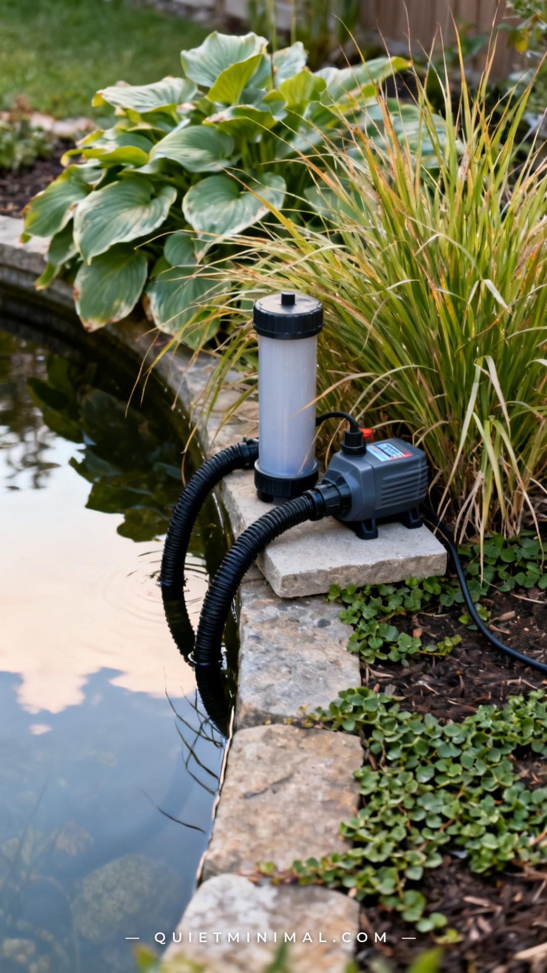 A medium-wide vertical shot shows a small equipment area beside a backyard pond