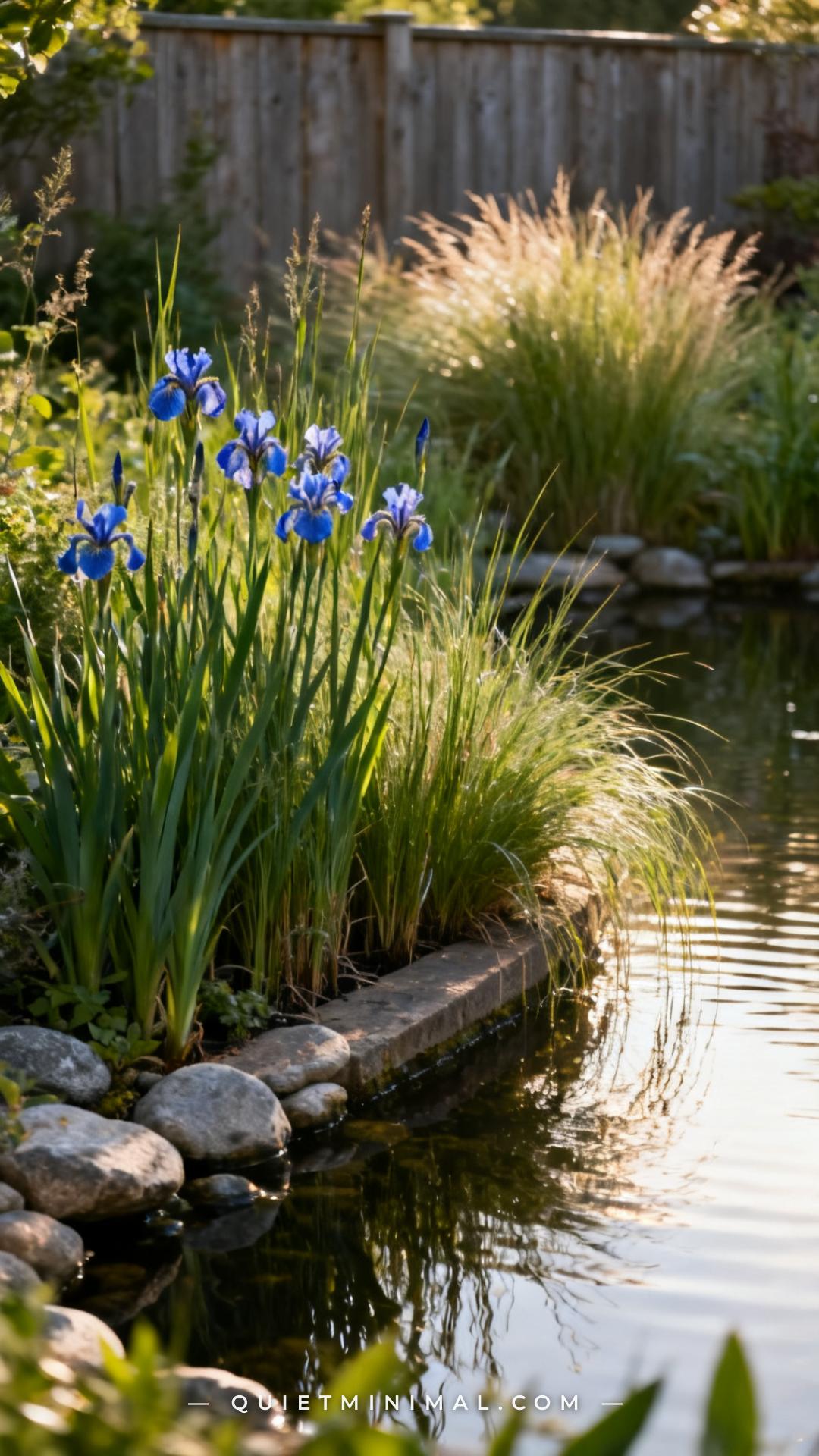 A wide vertical photograph establishes a lush pond margin planted densely with native bog plants — blue flag iris