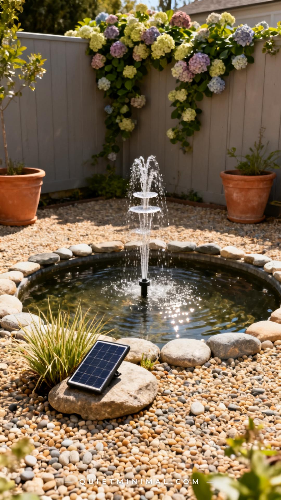 A vertical wide-angle photograph captures a compact circular backyard pond set into a pea-gravel patio