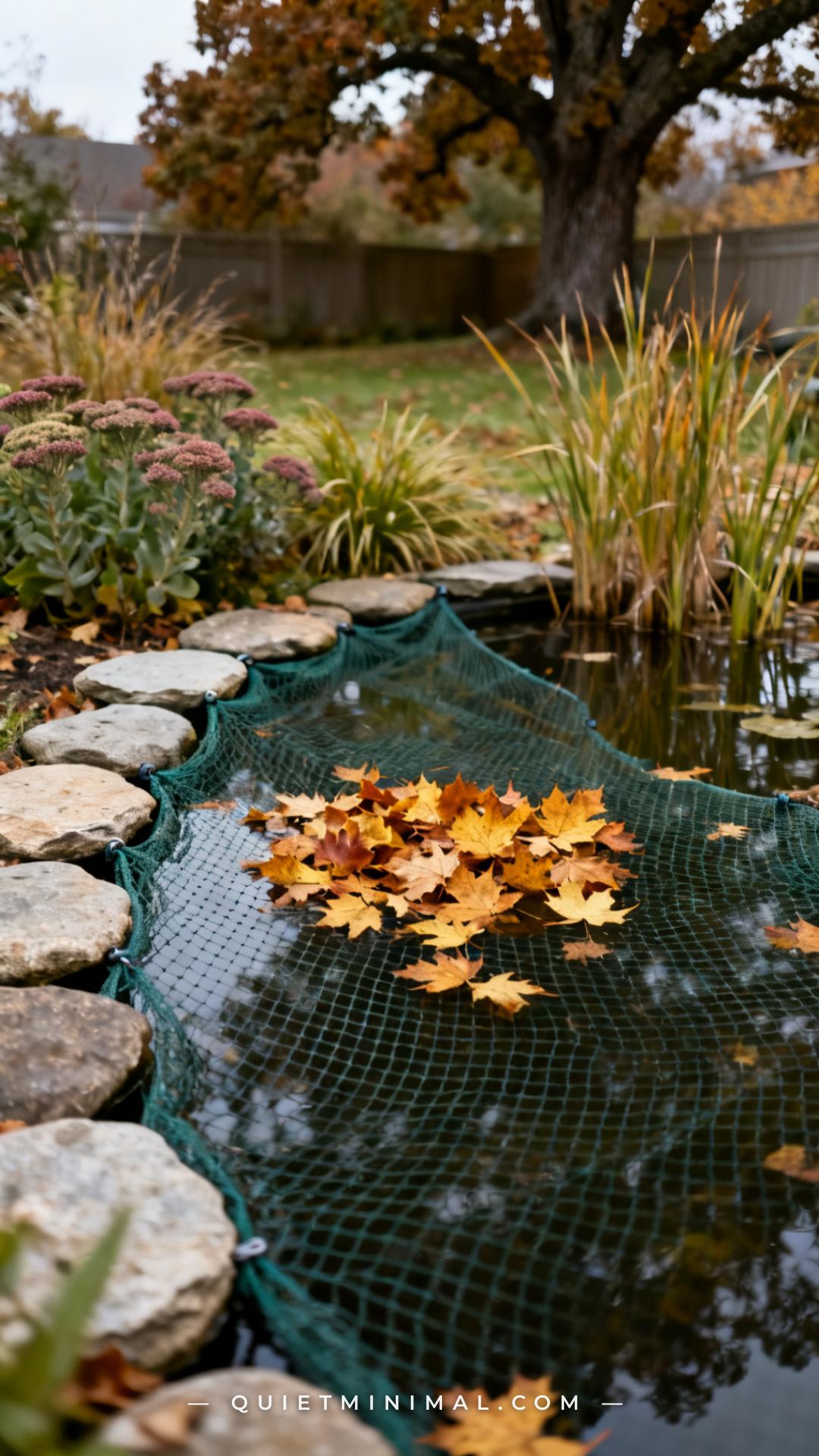 A wide vertical establishing shot of a backyard pond in early autumn