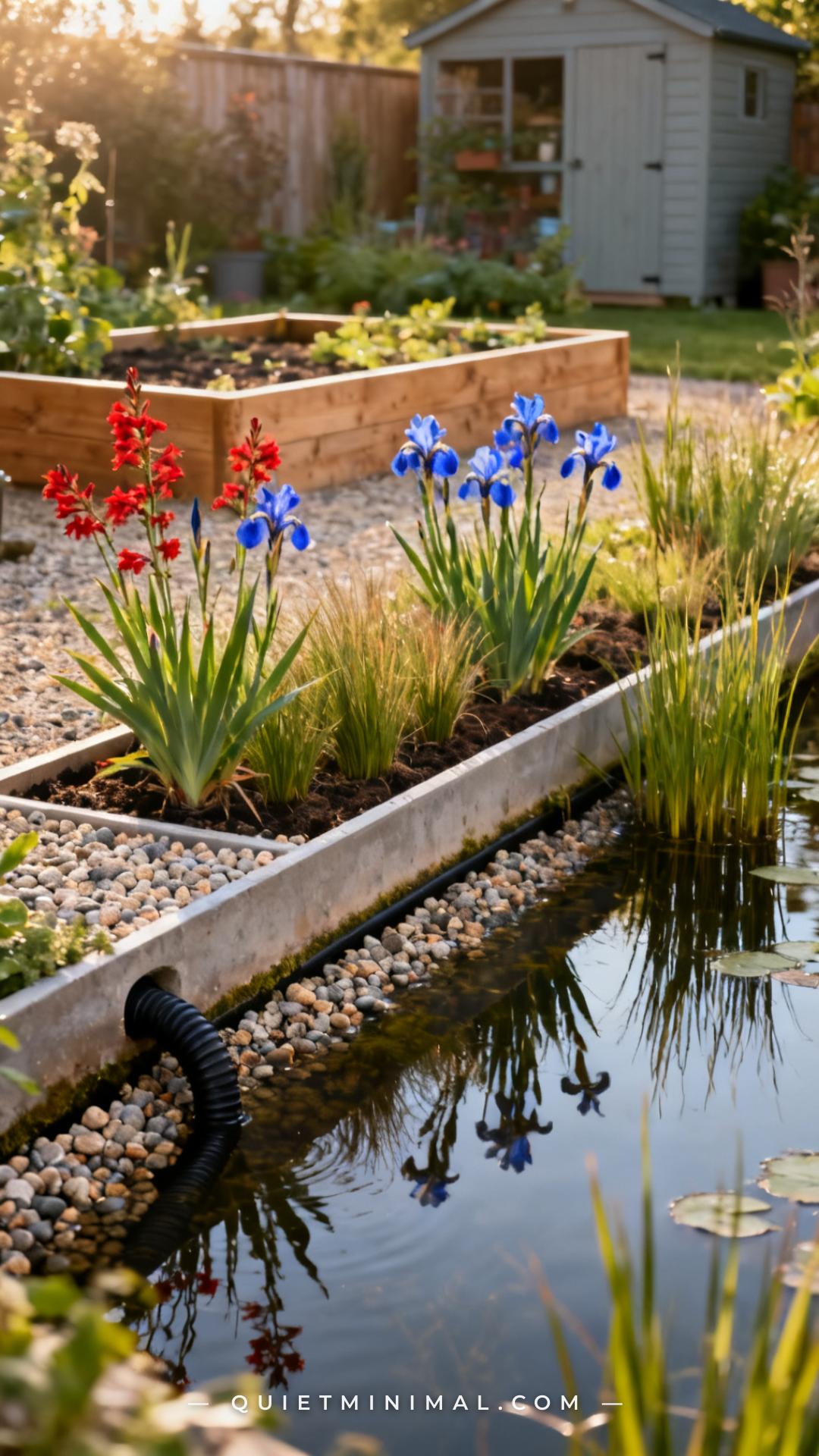 A wide vertical photograph shows a backyard pond with a shallow bog filter garden built along its longest edge — a low