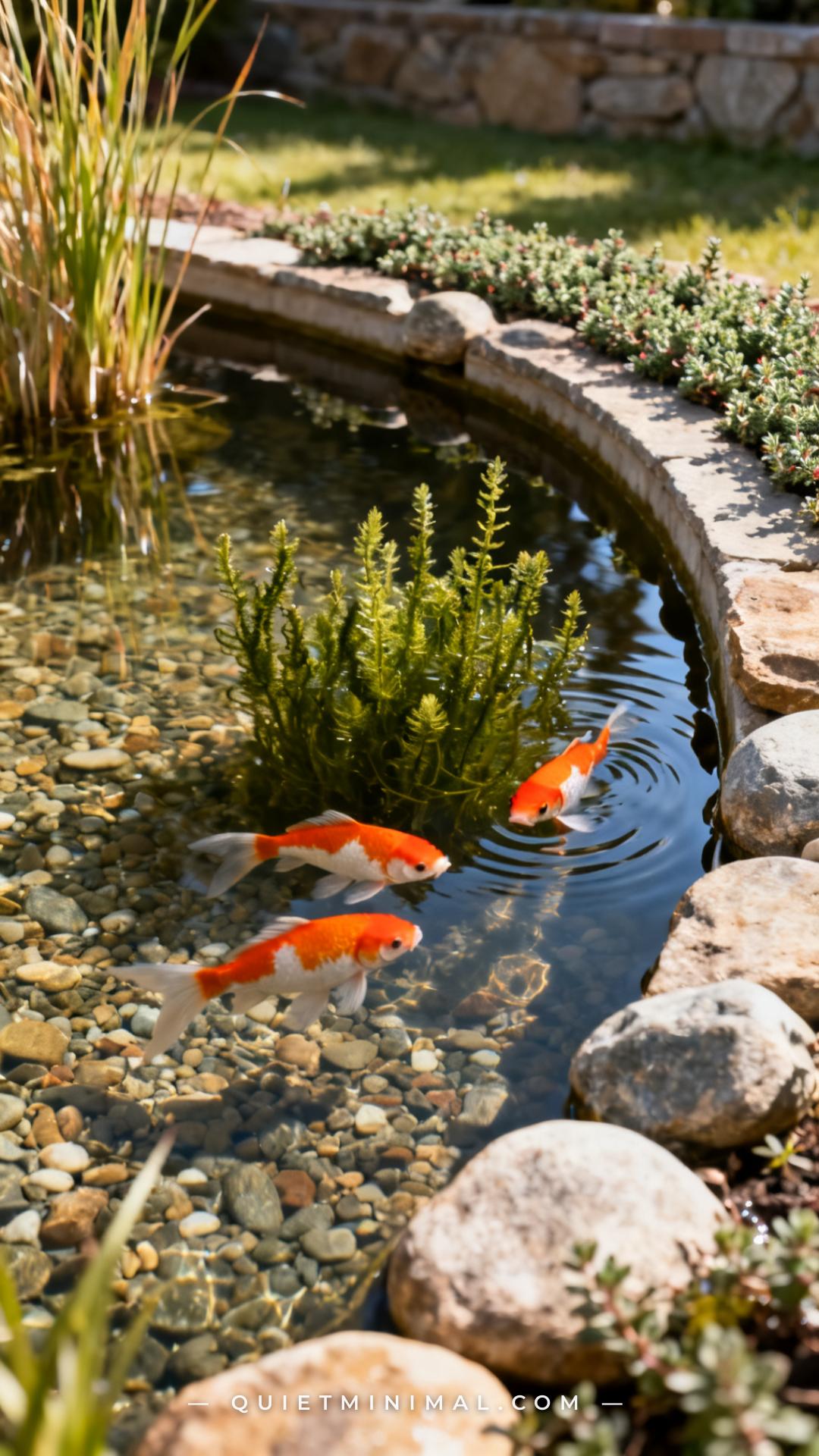 A wide vertical photograph looks down at a clear backyard pond with a naturalistic gravel bottom