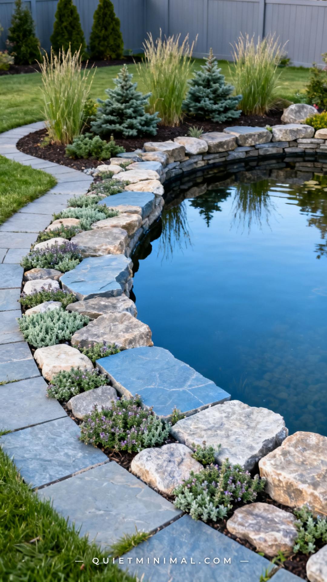 A wide establishing shot of a compact backyard pond with its perimeter edged cleanly in flat irregular fieldstone and Pe