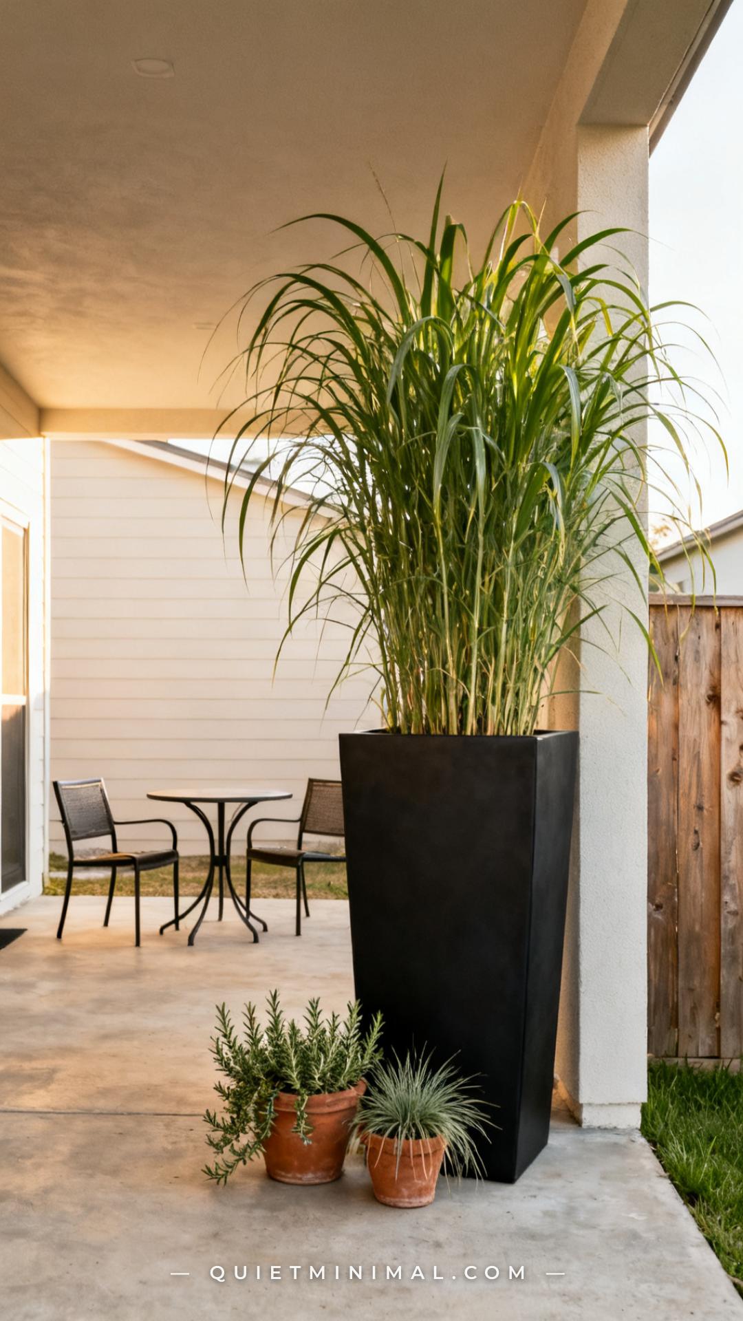 A vertical photograph captures an establishing shot of a concrete patio corner where a single oversized matte black squa