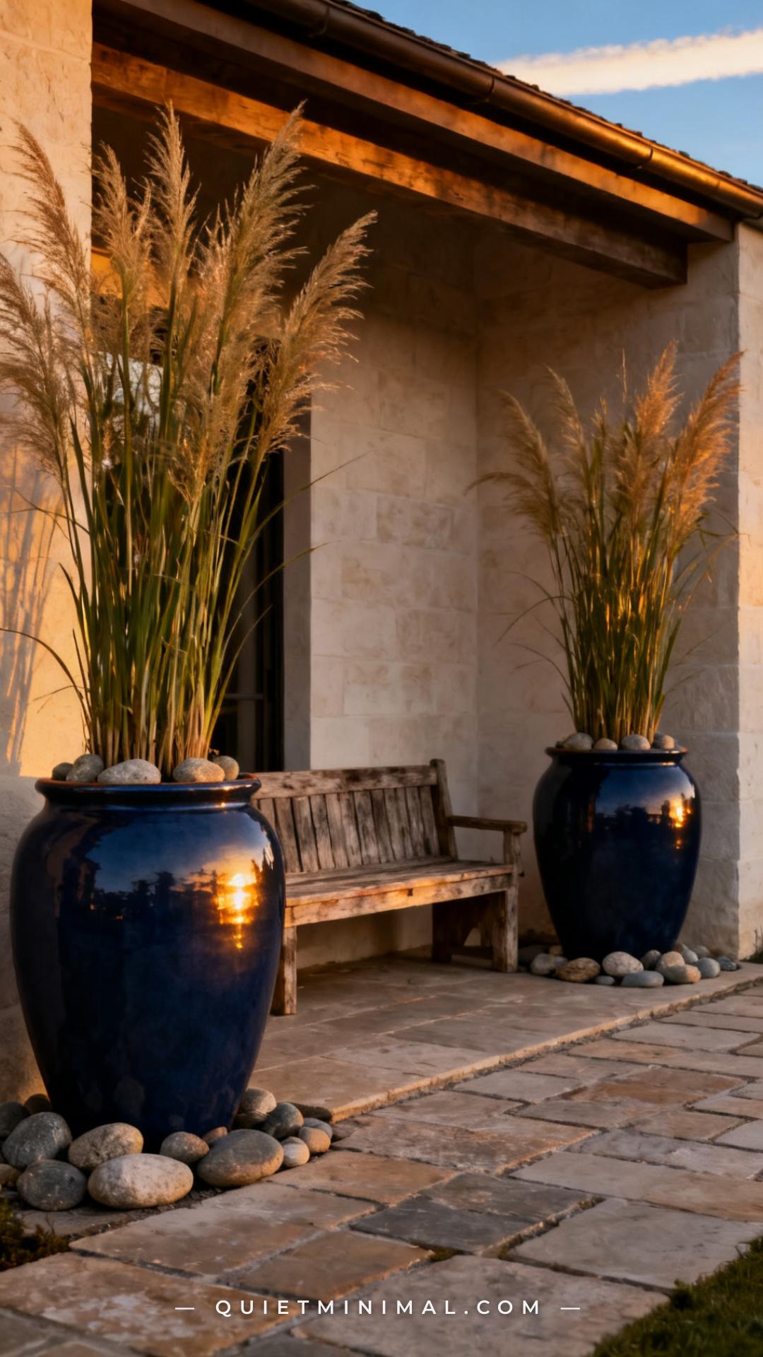 A vertical photograph captures a wide-angle view of a small backyard courtyard where two very large glazed ceramic pots