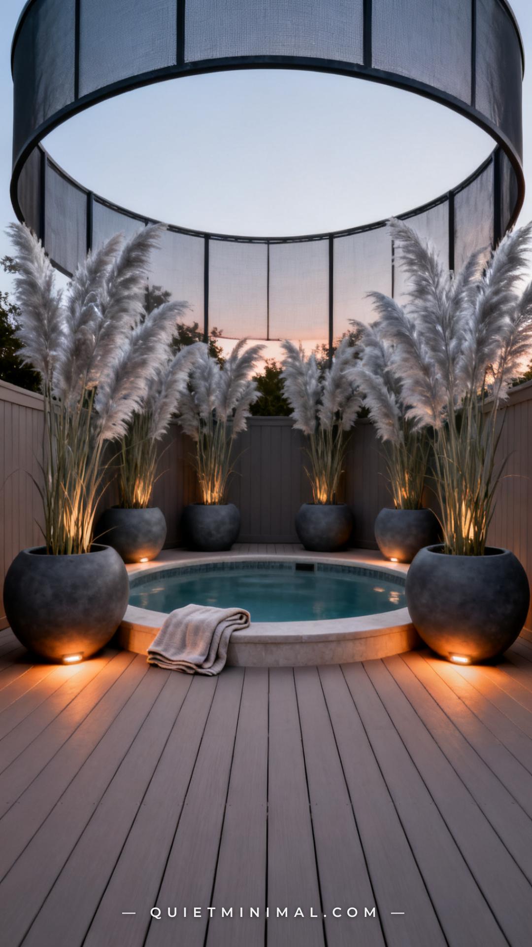 A vertical photograph captures an establishing wide shot of a backyard pool or hot tub area where a curved arrangement o