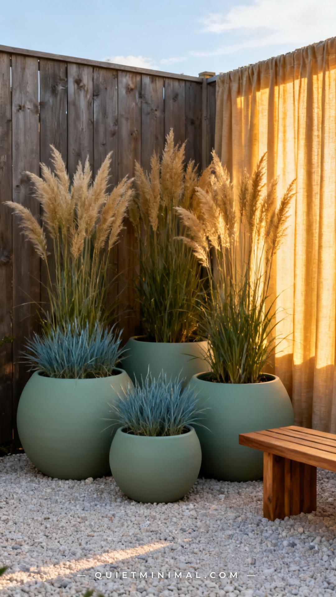 A vertical photograph captures a medium-wide establishing shot of a backyard fence line where five large round fiberglas