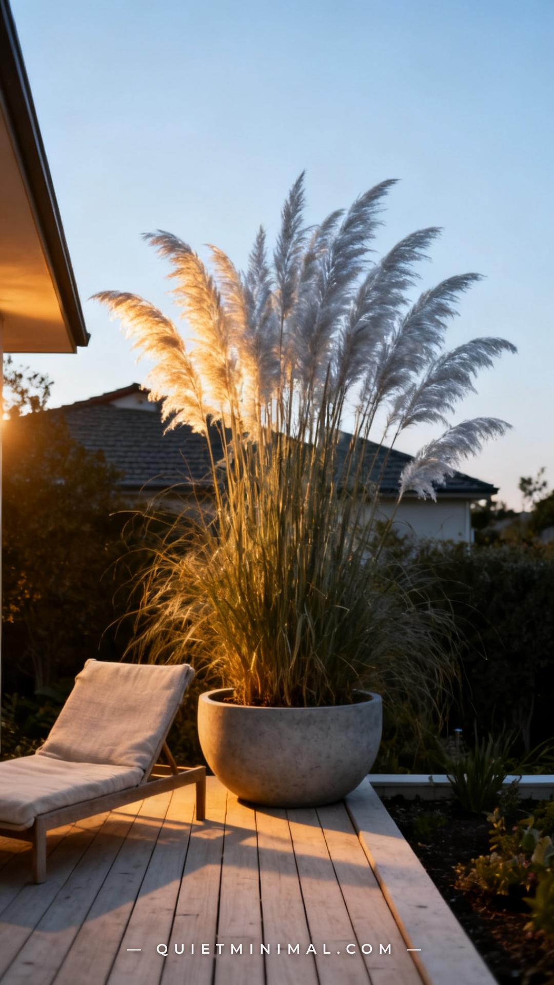 A vertical photograph captures a wide-angle view of a minimalist backyard with a single enormous pampas grass planted in