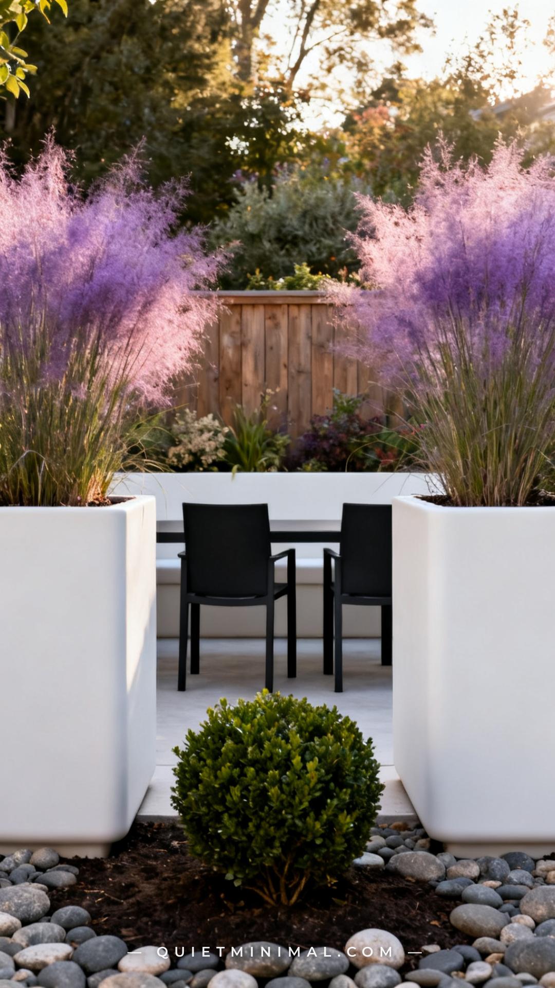 A vertical photograph captures a medium-wide view of a backyard seating nook flanked on both sides by very large rectang