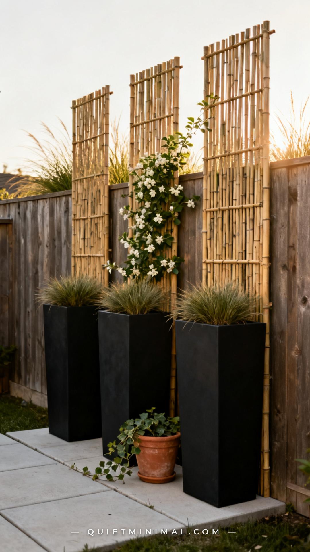 A vertical photograph captures a wide establishing shot of a backyard side yard where a row of three tall narrow rectang