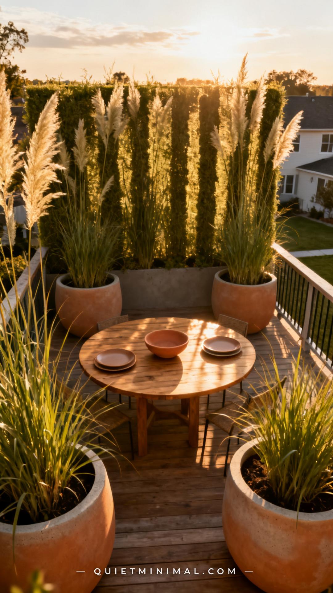 A vertical photograph captures a wide-angle view of an outdoor dining area on a wooden deck where three matching large r