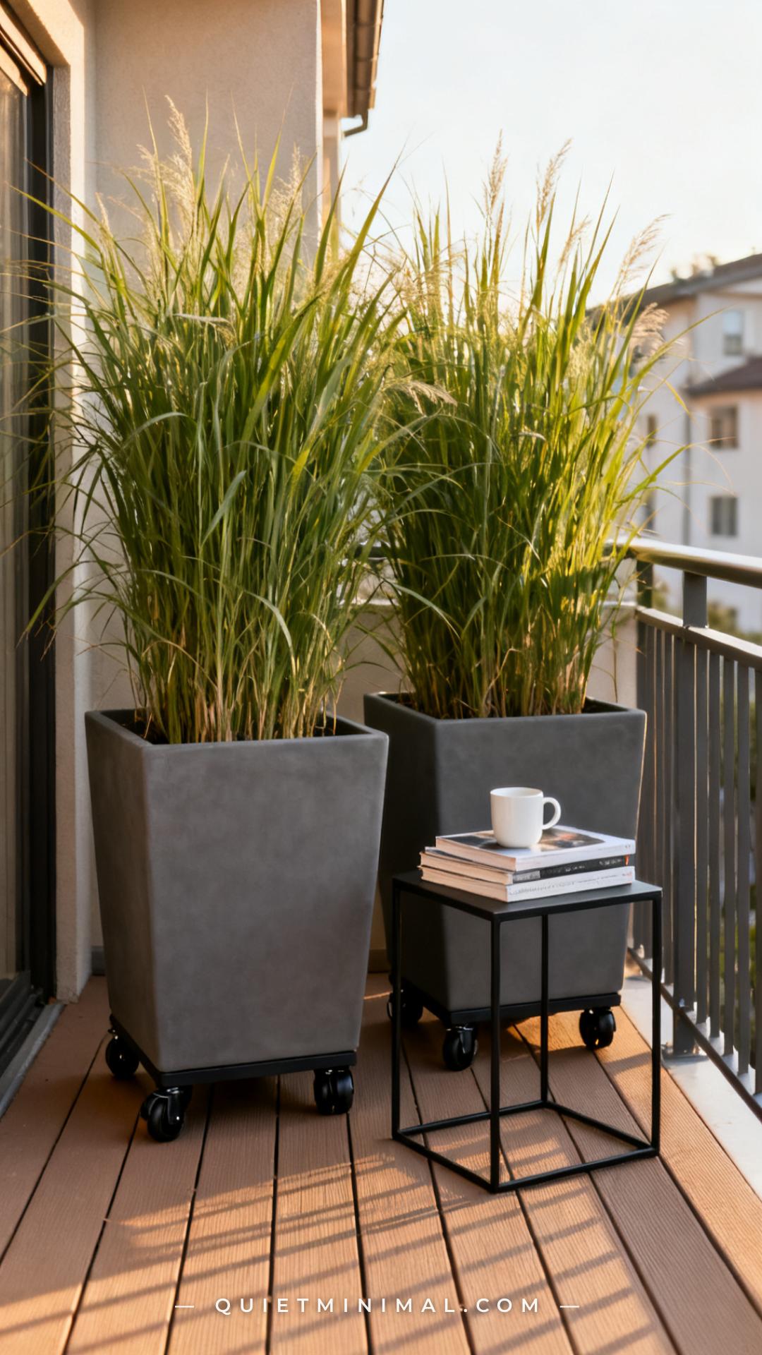 A vertical photograph captures a medium-wide view of an apartment balcony or patio where two large square planters mount