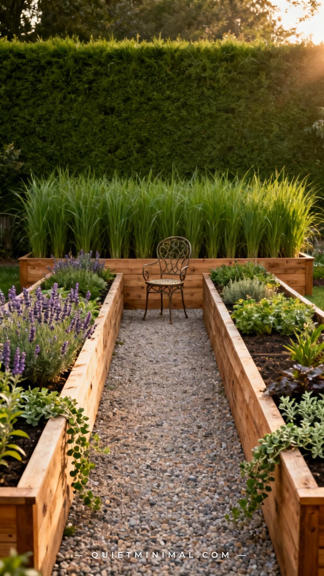 A vertical photograph captures a wide establishing shot of a backyard garden space where two large raised cedar planter