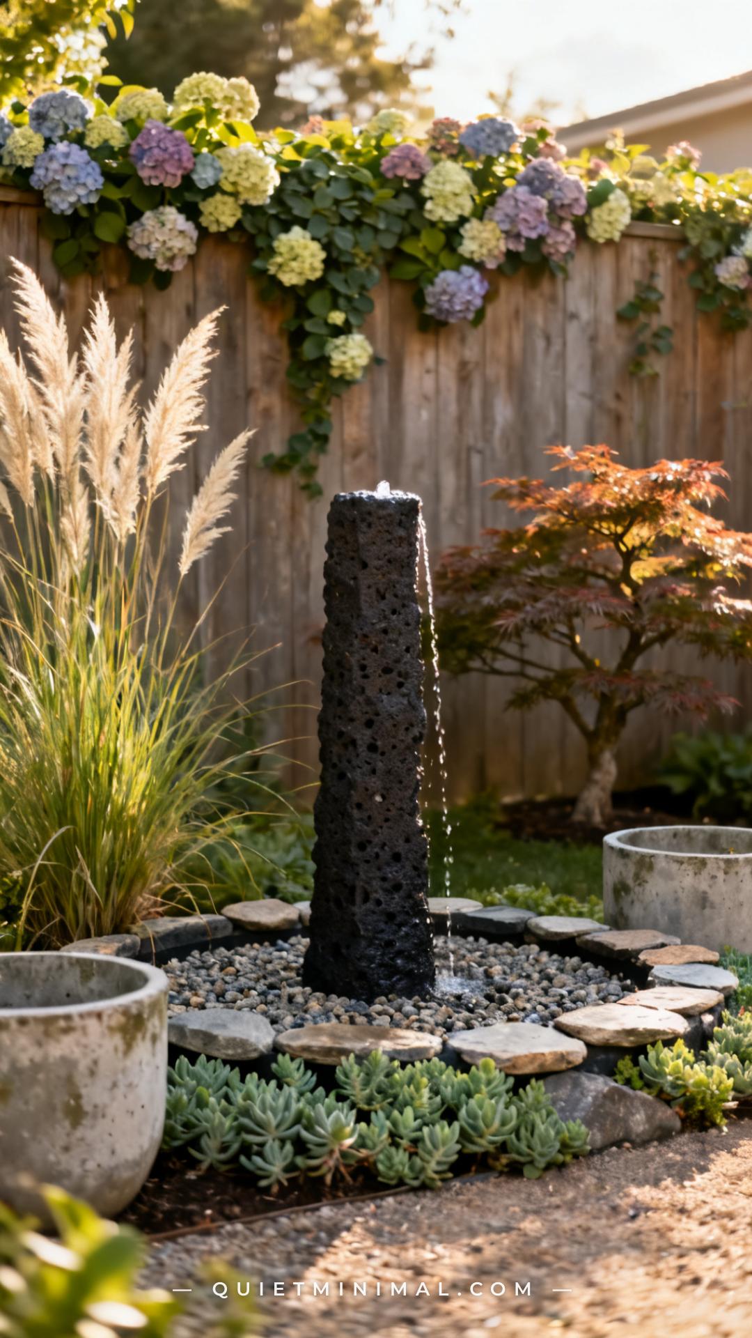 A vertical photograph establishes the full garden scene around a single basalt column fountain rising from a gravel-fill