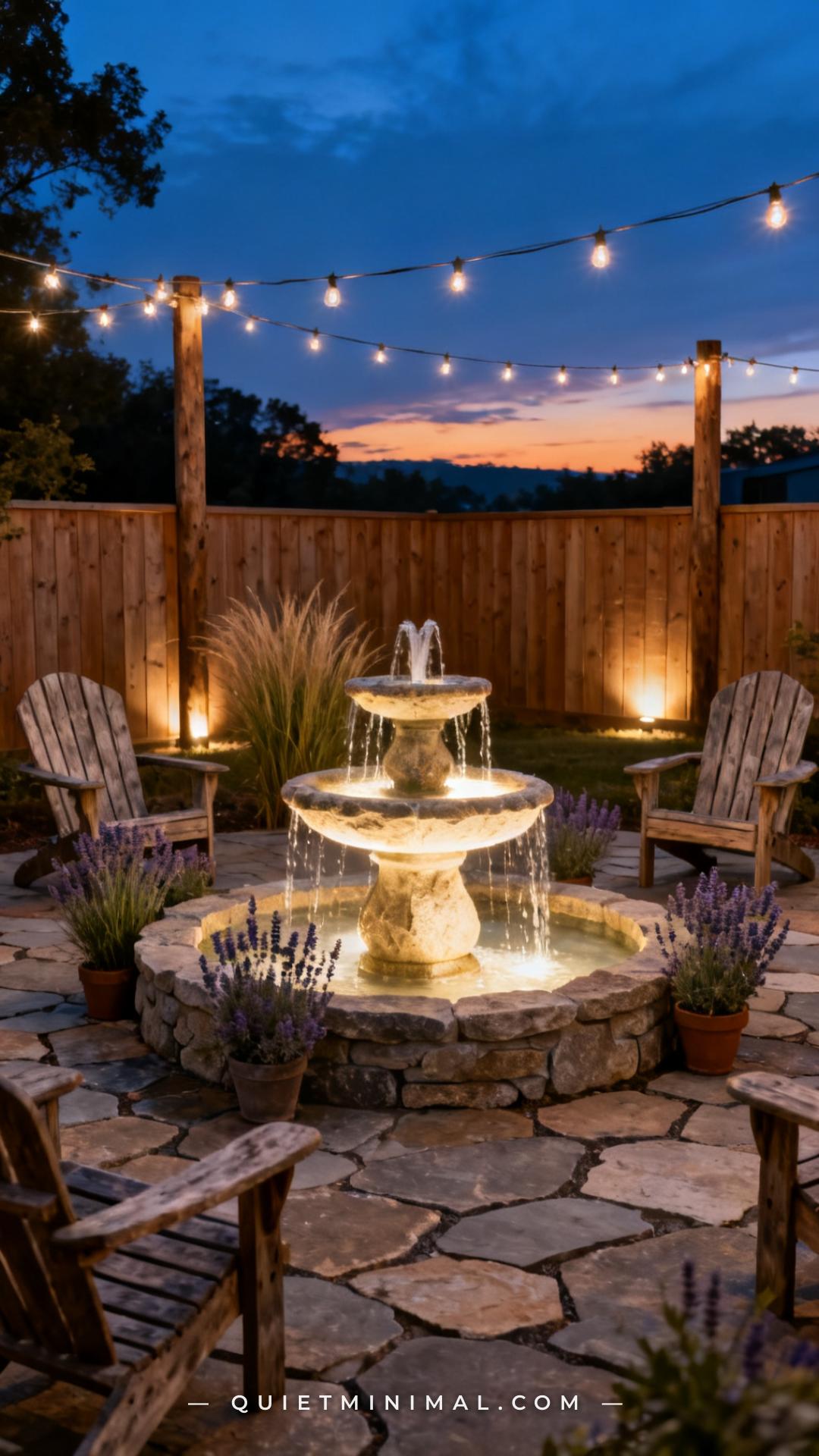 A vertical photograph captures a wide backyard scene at dusk showing a complete outdoor retreat zone centered on a tiere