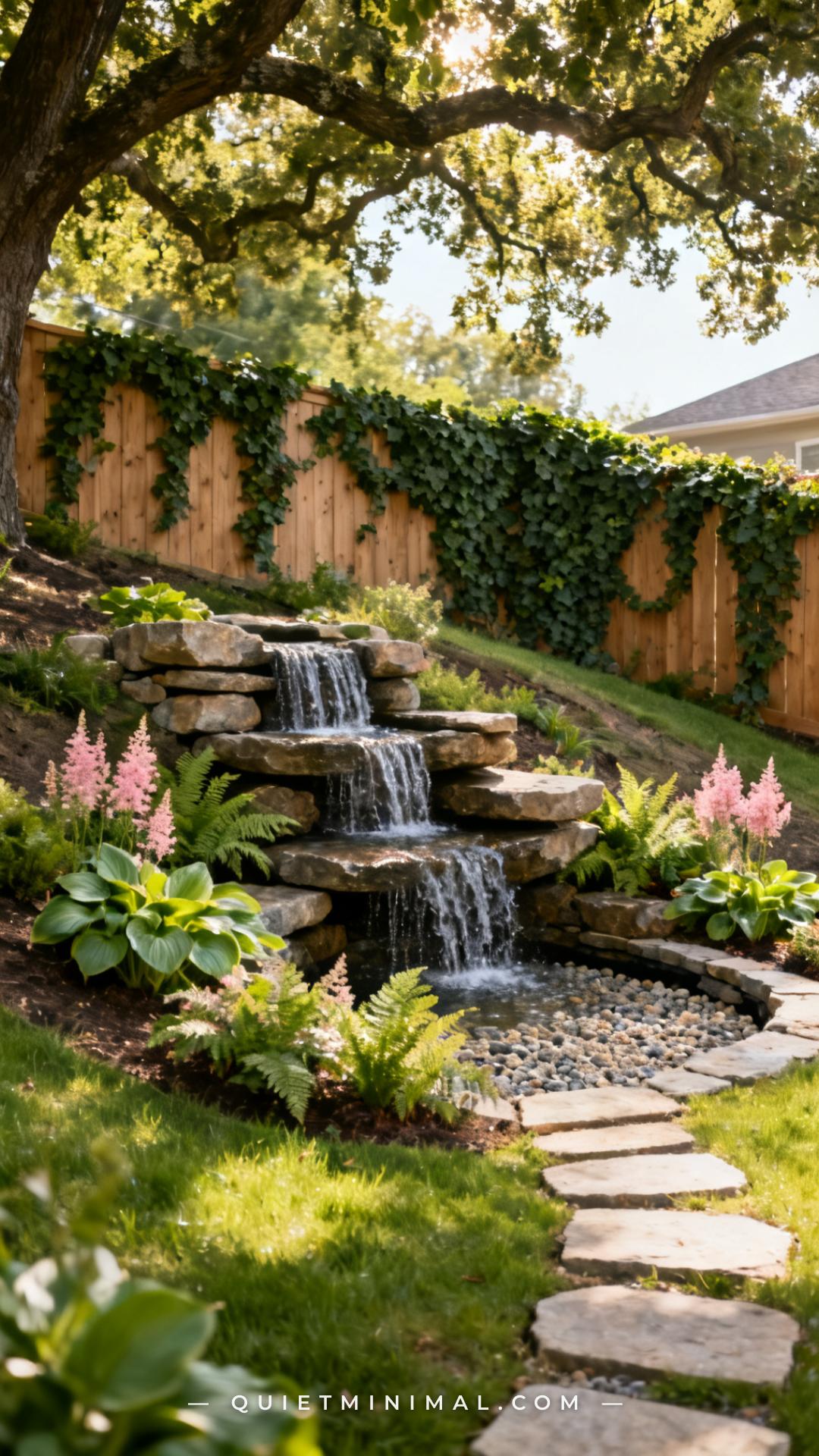 A vertical photograph captures a wide establishing shot of a sloped residential backyard featuring a naturalistic pondle