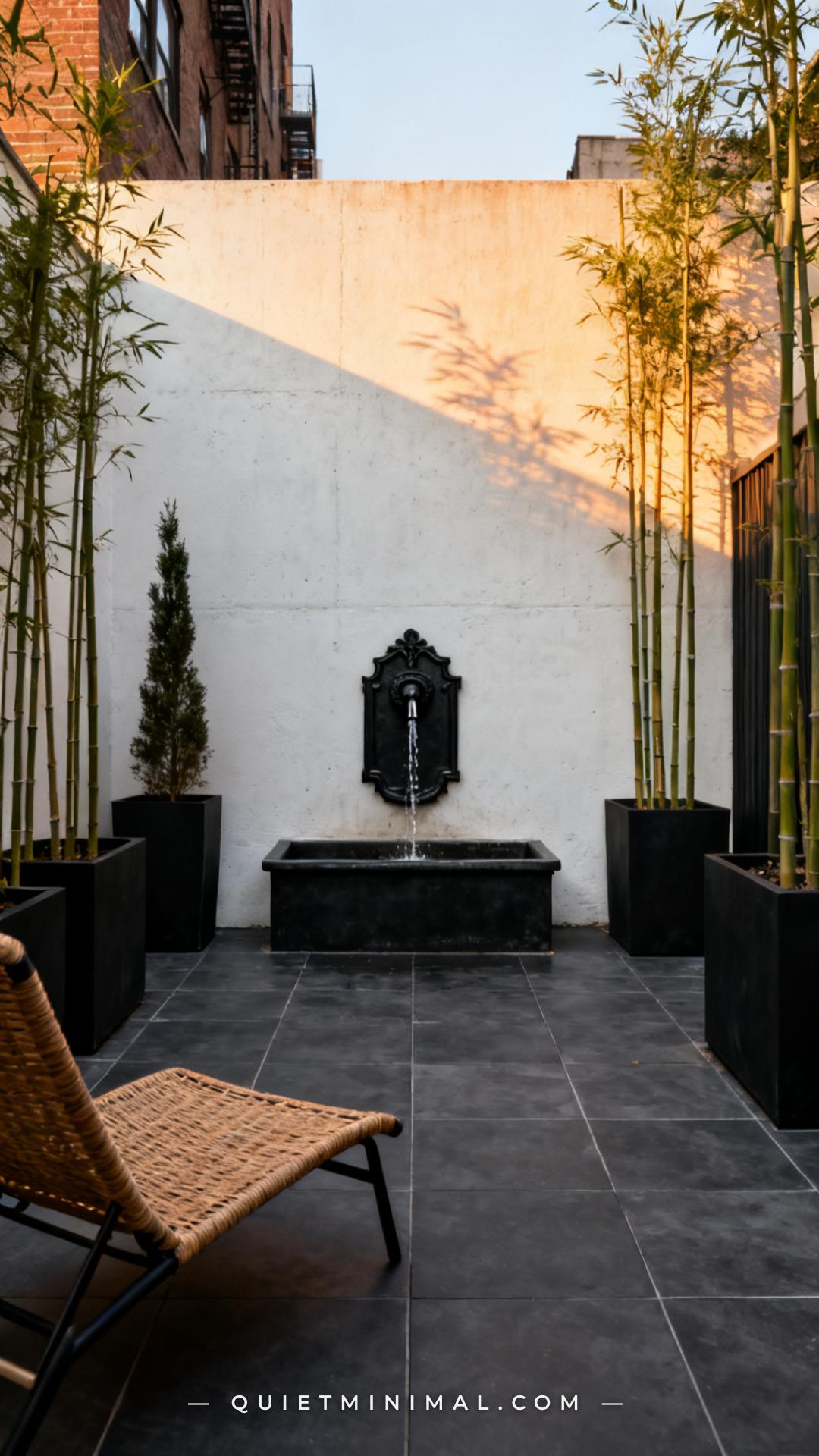 A vertical photograph captures the full back wall of a small urban patio space — a smooth rendered concrete wall painted