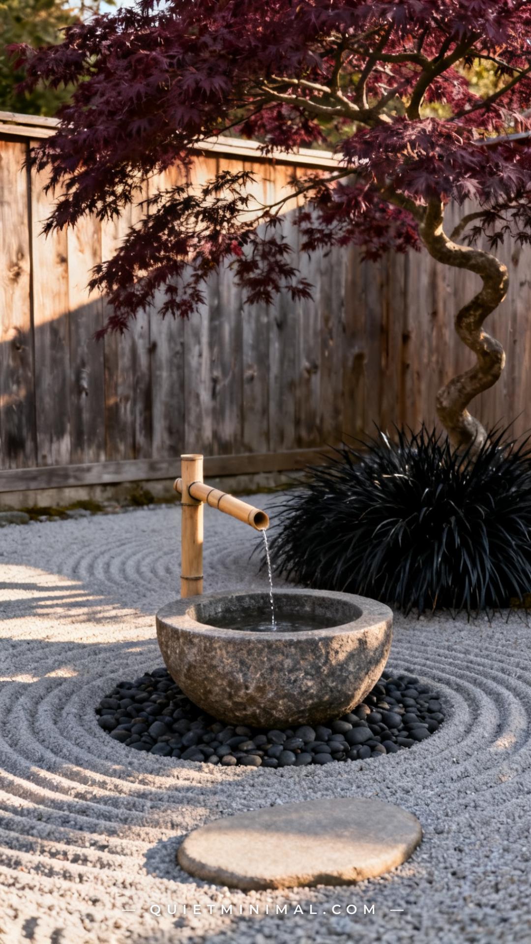 A vertical photograph establishes a tranquil Japanese garden corner in a residential backyard