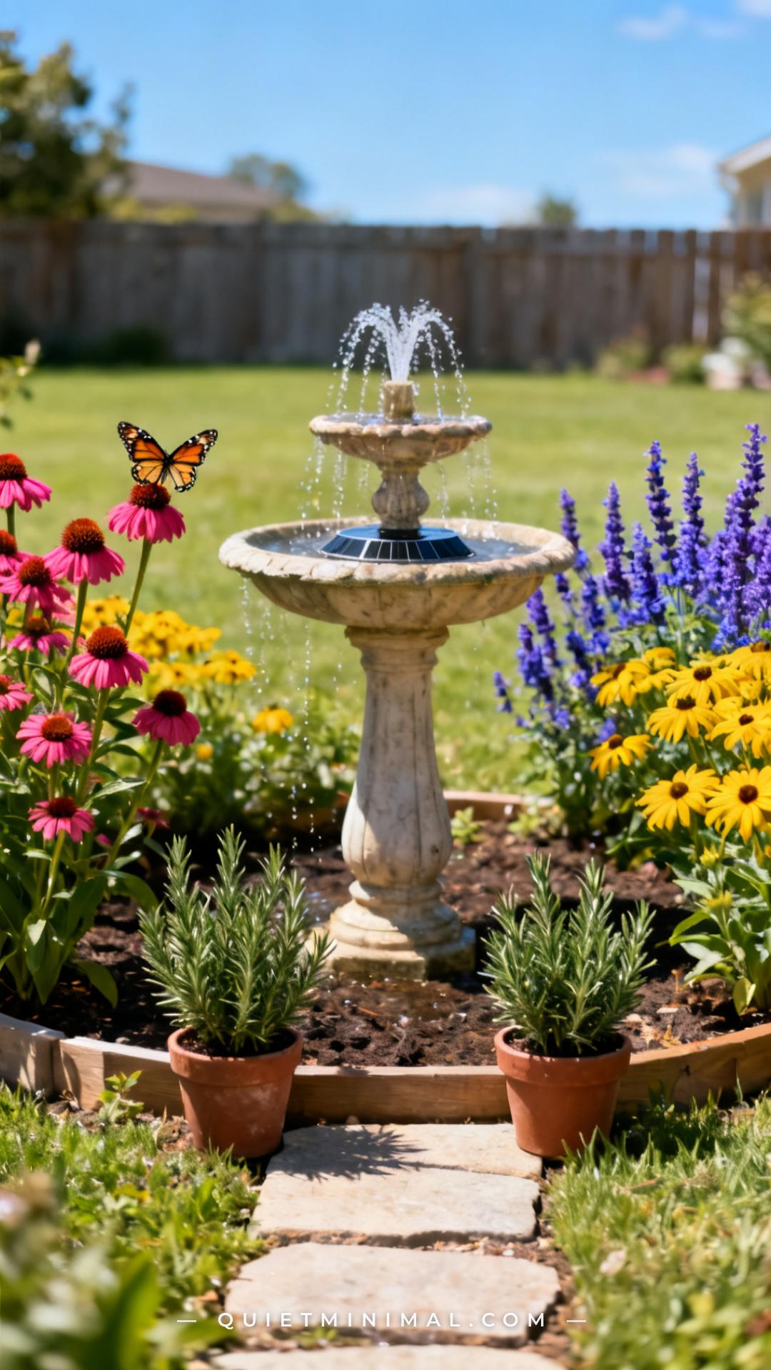 A vertical photograph captures a wide view of a planted garden bed in a sunny residential backyard