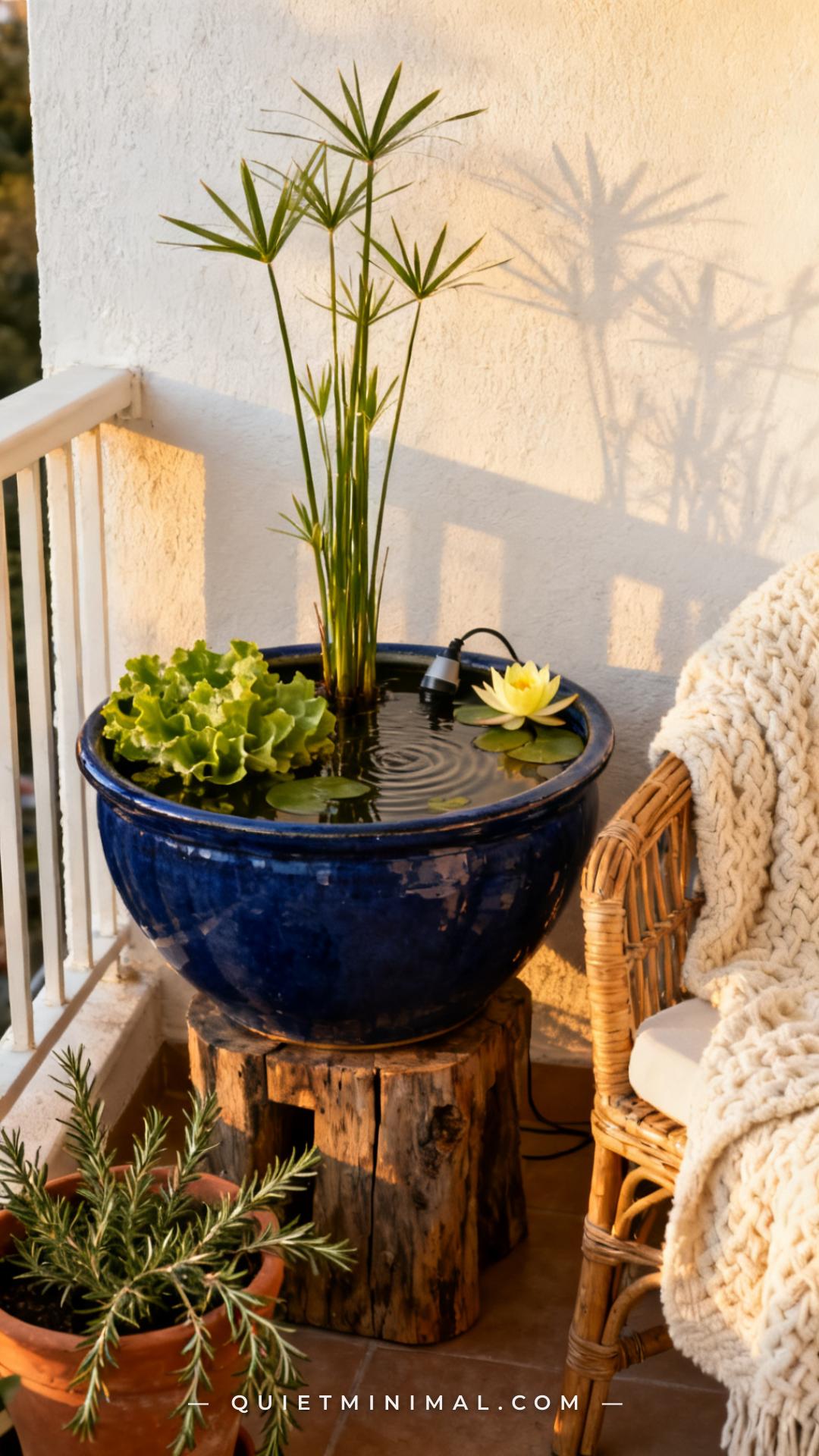 A vertical photograph establishes a small apartment balcony or compact patio vignette featuring a large round dark glaze