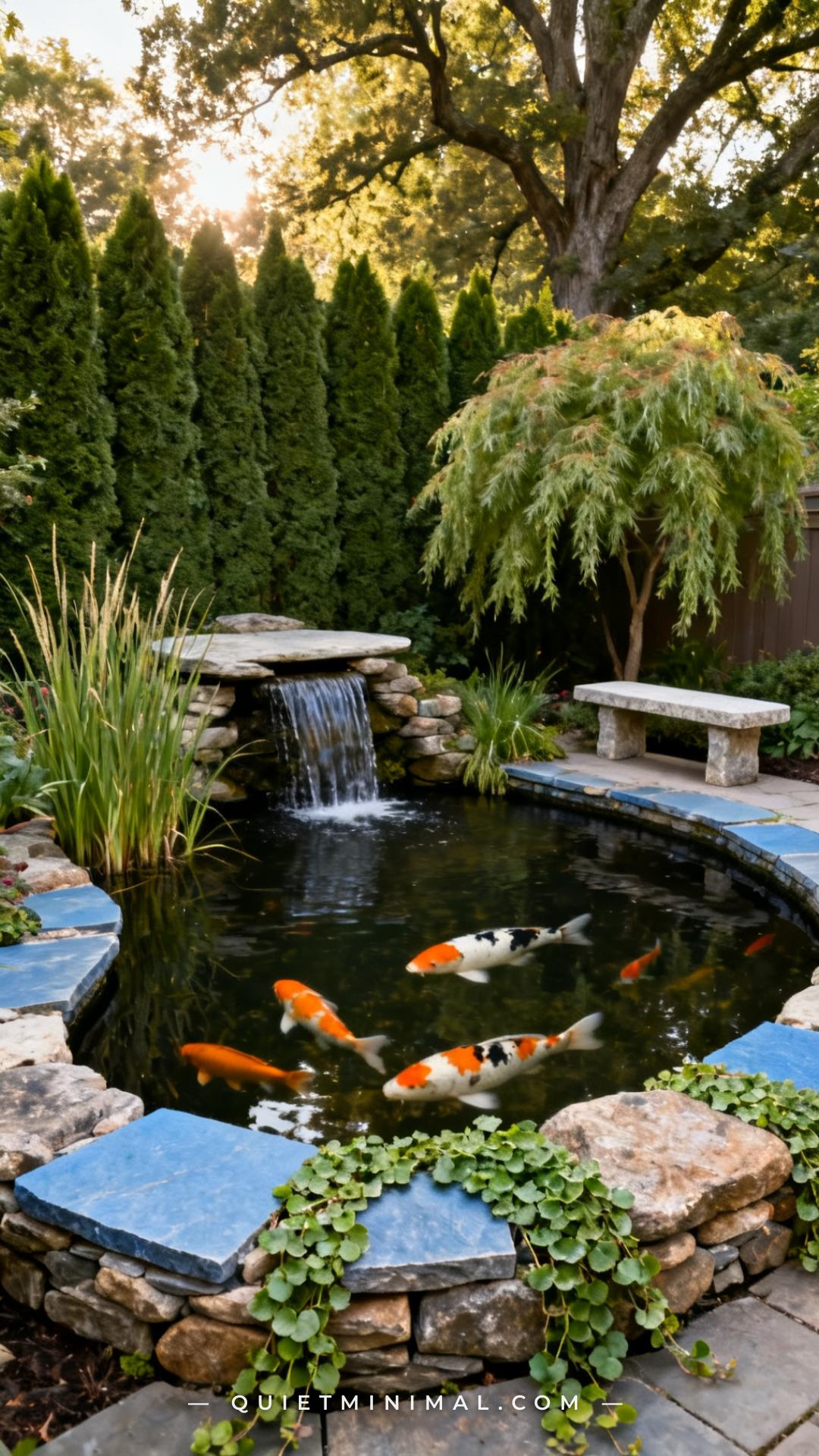 A vertical photograph captures the full view of a mid-sized residential backyard koi pond with a naturalistic overflow w