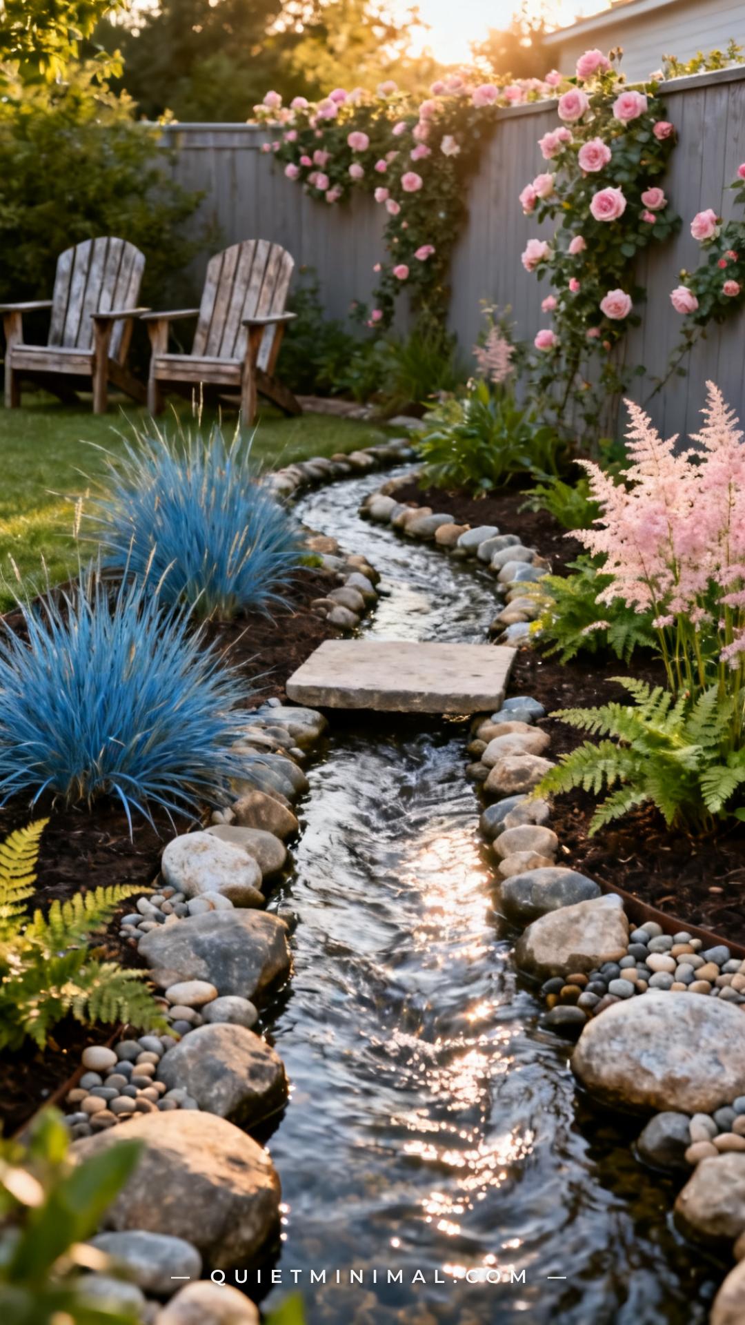 A vertical photograph captures the full width of a residential backyard featuring a narrow recirculating stream channel