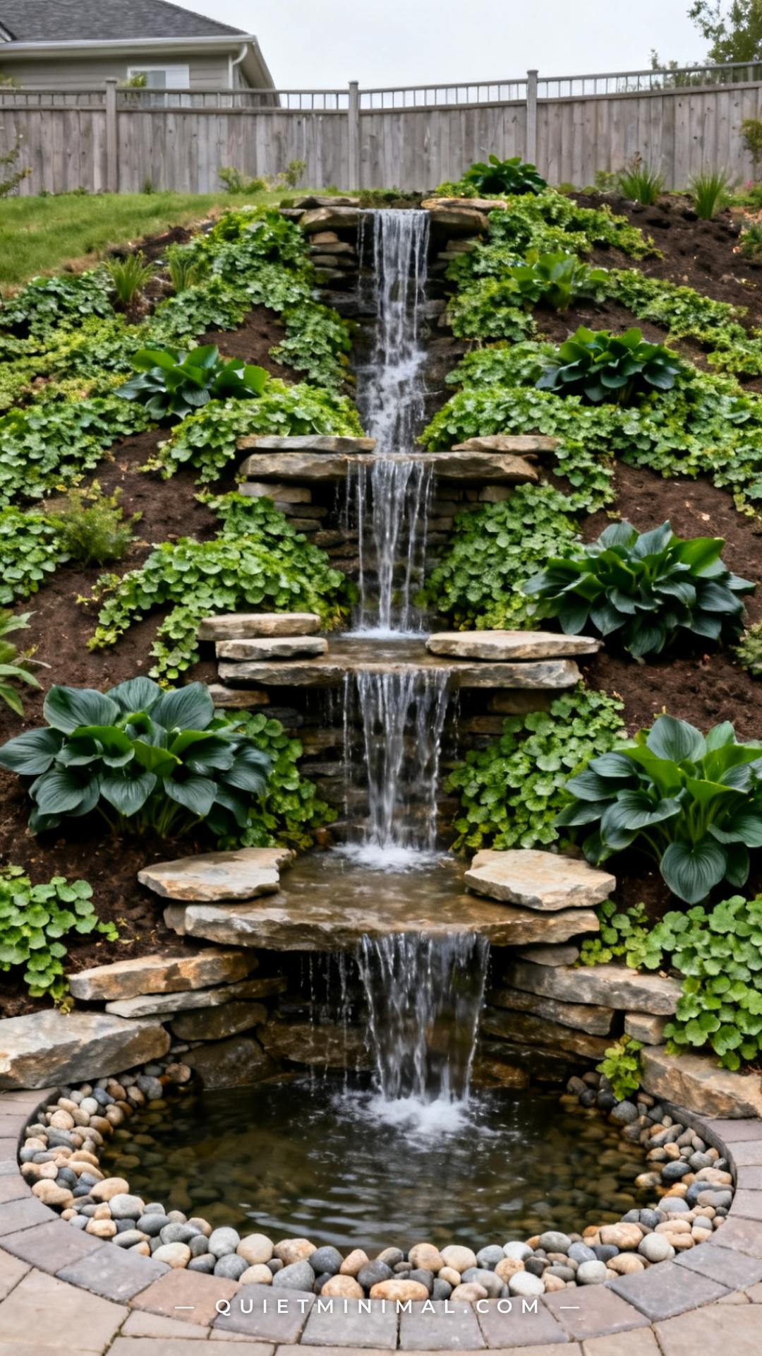 A wide-angle vertical photograph of a backyard slope where the existing terrain grade has been shaped into a three-level