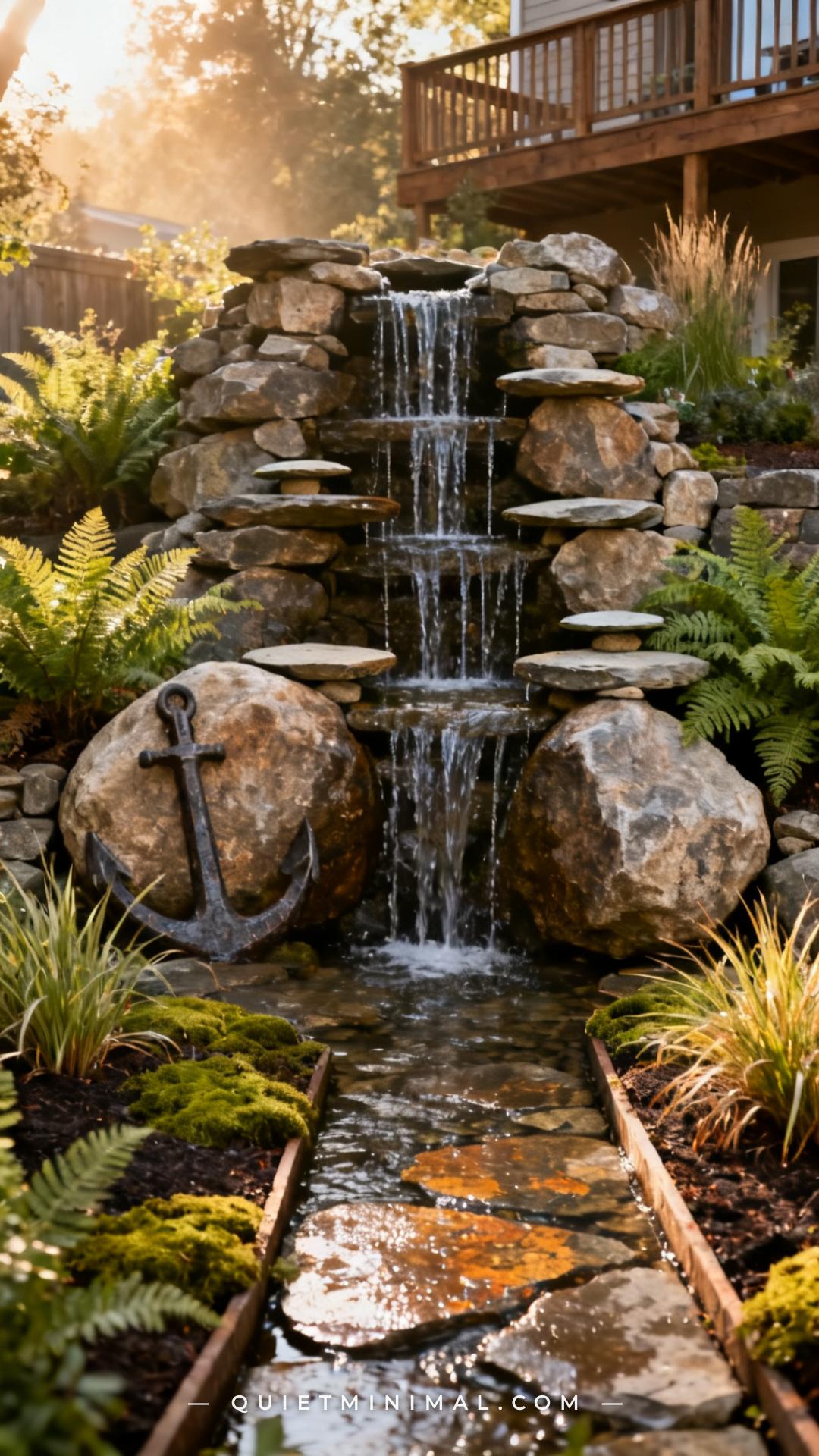 An establishing vertical photograph shows a backyard stream-style waterfall constructed from stacked irregular fieldston