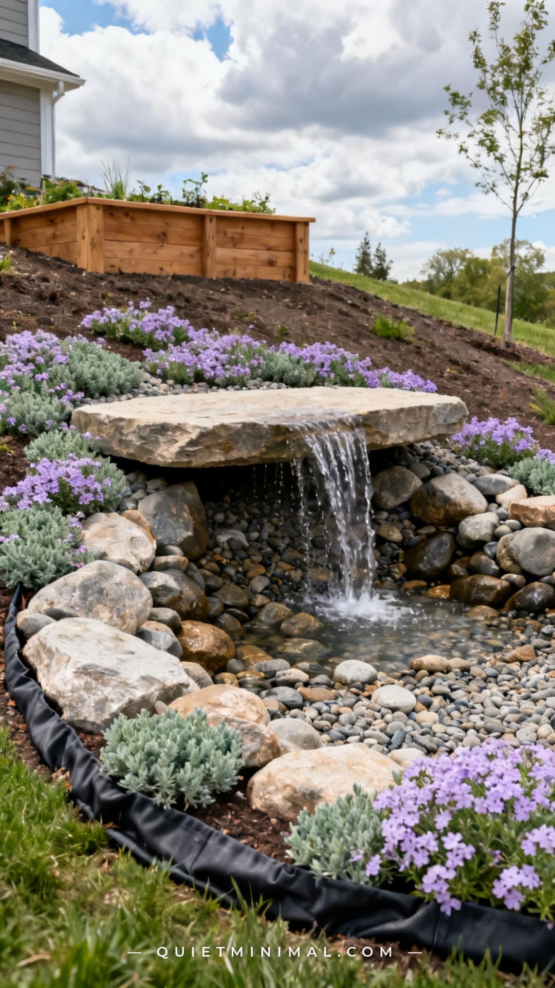 A medium-wide vertical photograph captures a pondless waterfall installation in a residential backyard slope