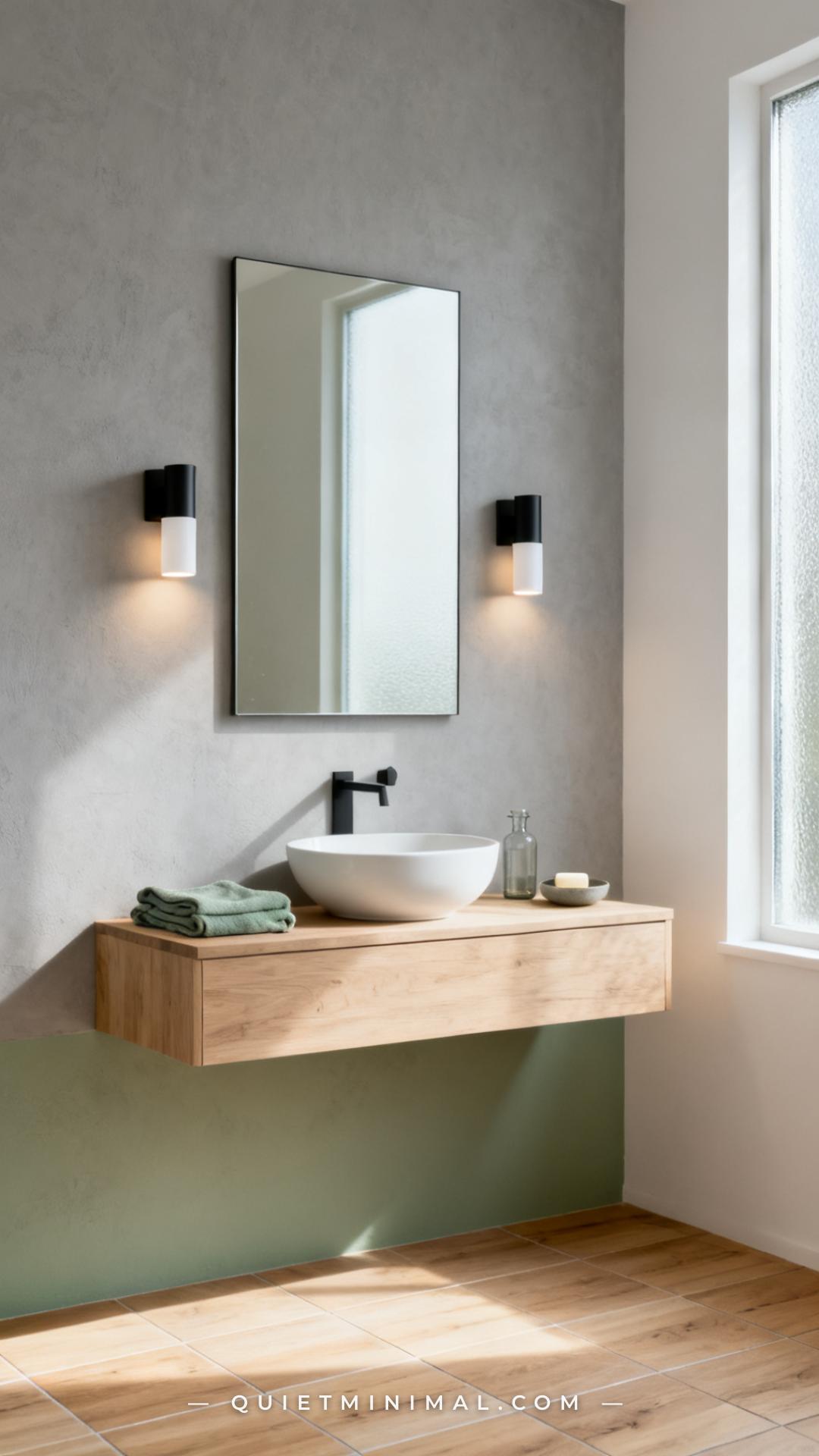 A wide establishing shot of a modern bathroom interior showing a rectangular vanity mirror mounted on a light gray plast