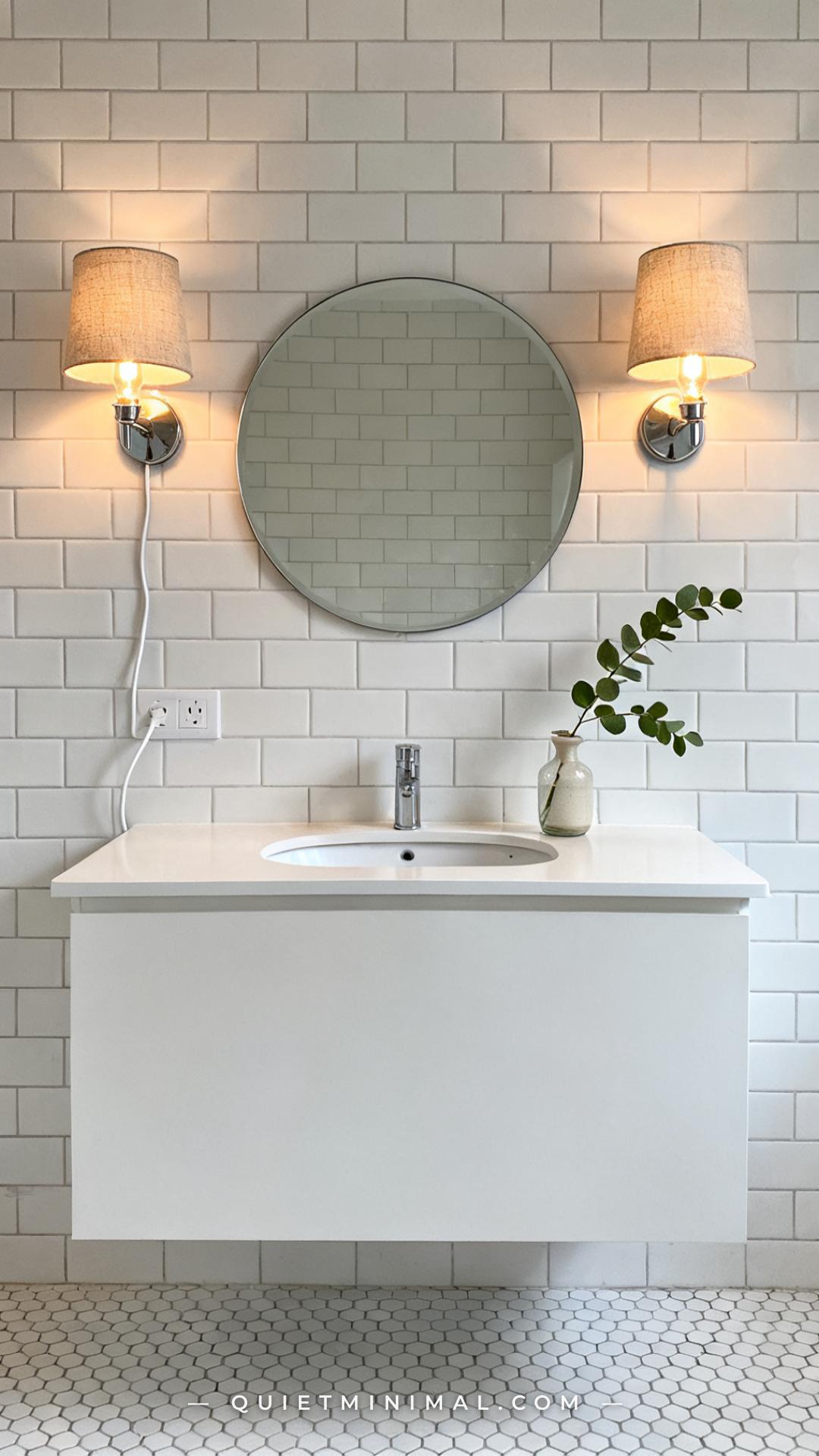 An establishing shot of a small apartment bathroom with a white subway-tiled wall behind a round frameless mirror