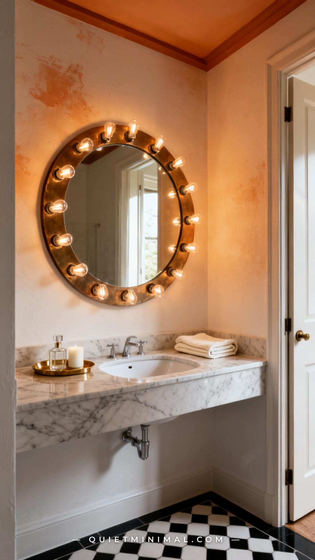 A medium-wide establishing shot of a glamorous yet restrained bathroom vanity area