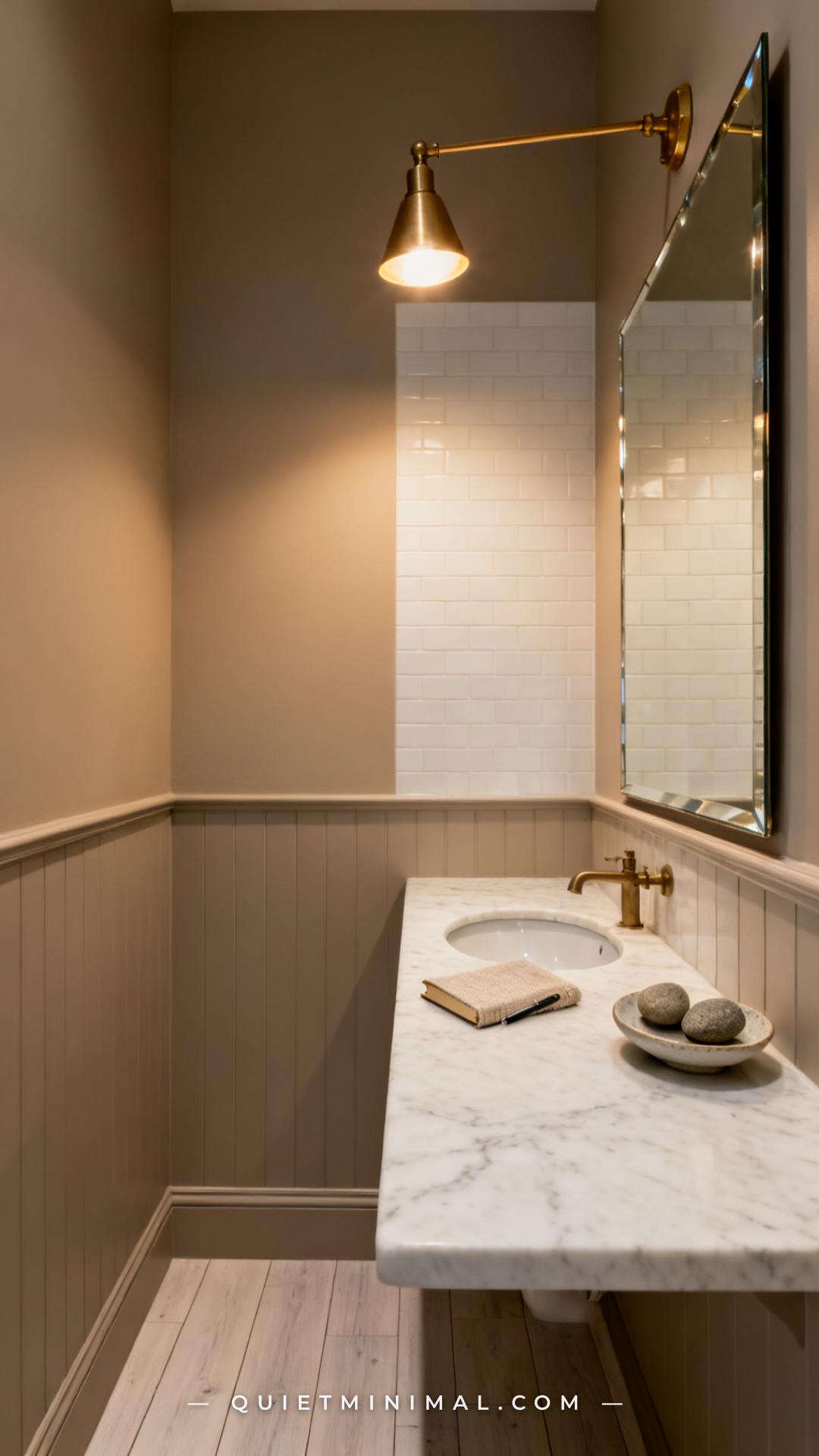 An establishing shot of a narrow bathroom vanity nook in a warm