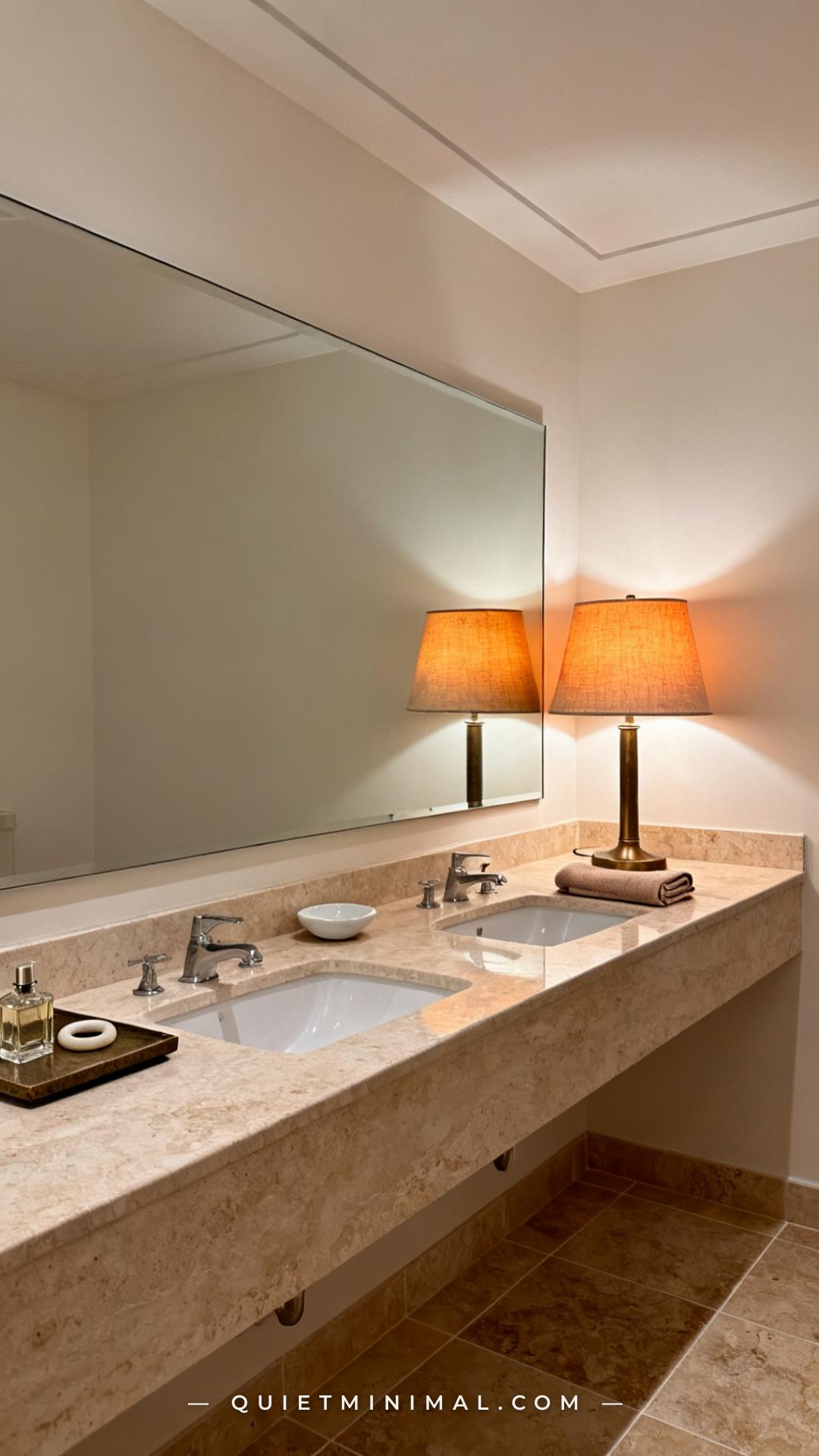 A medium-wide establishing shot of a wide double-sink bathroom vanity with a generous stone countertop