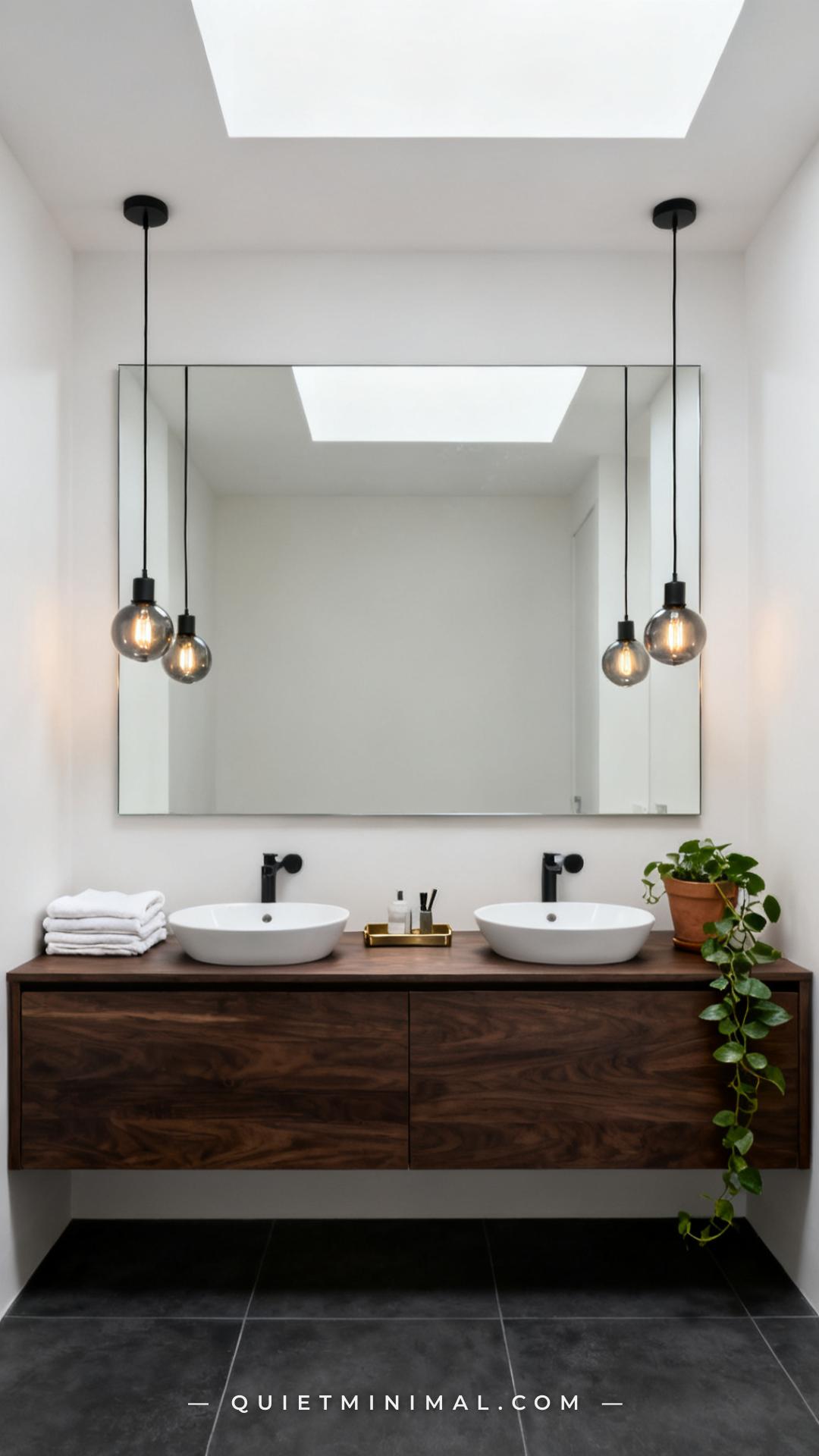 A wide vertical photograph of a modern bathroom featuring a large frameless rectangular mirror mounted above a floating