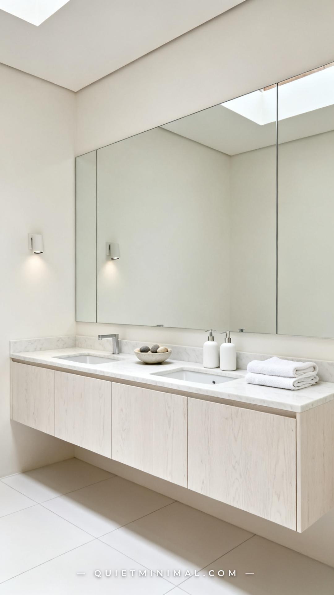 An establishing shot of a fully renovated bathroom with a modern