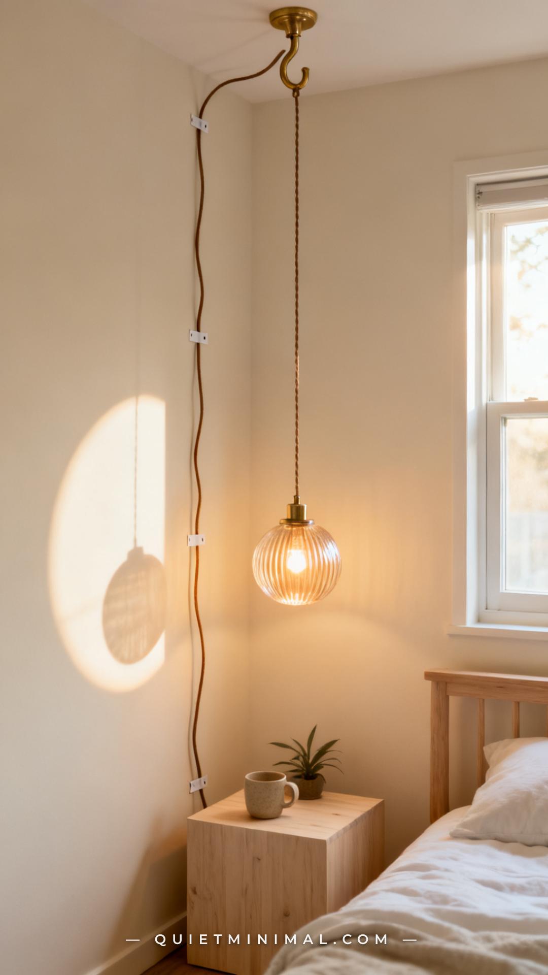 A wide-angle view of a bedroom corner shows a ceiling-mounted brass swag hook with a pendant light cord looped cleanly f
