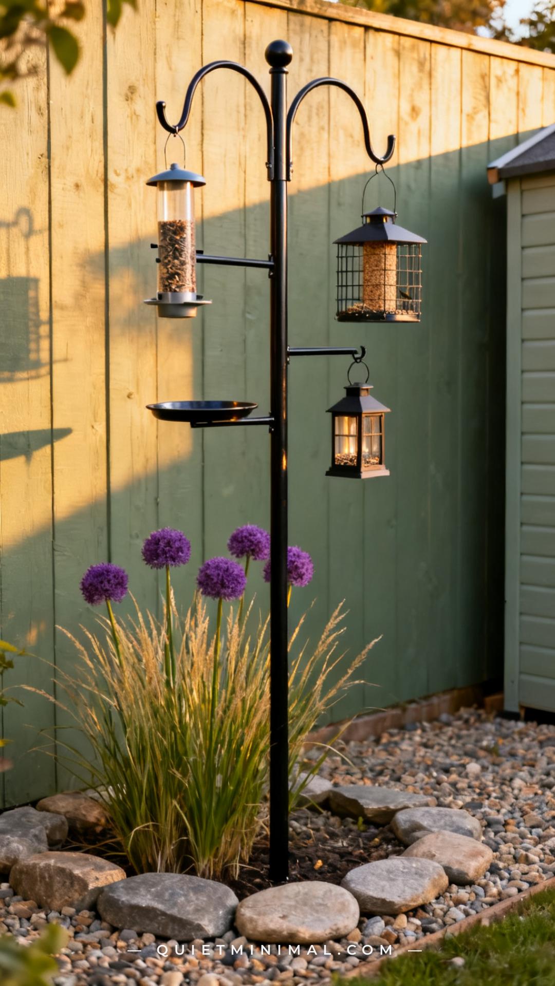 A vertical photograph captures a full garden corner showing a tall black powder-coated metal shepherd's hook with four e
