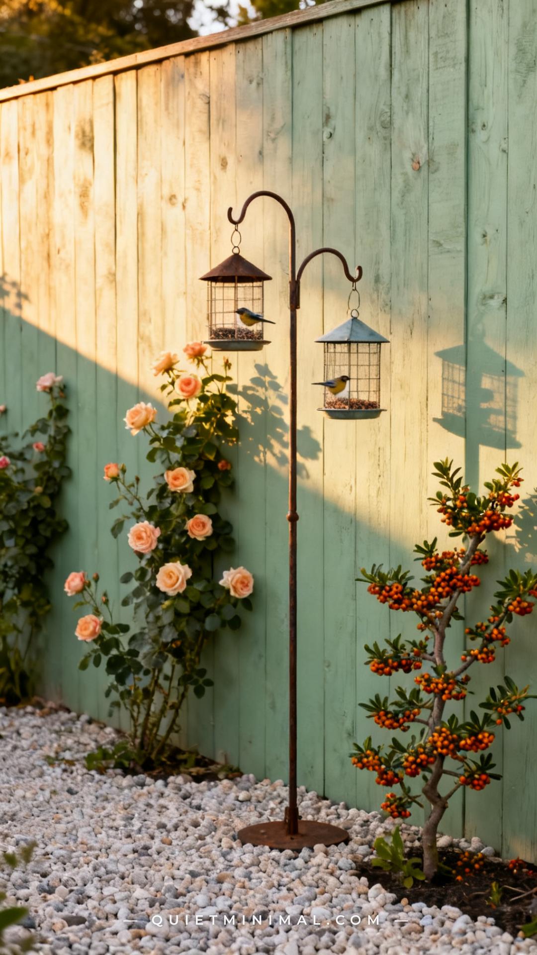 A vertical photograph captures a full garden corner showing a wooden fence painted in a soft muted sage green tone servi