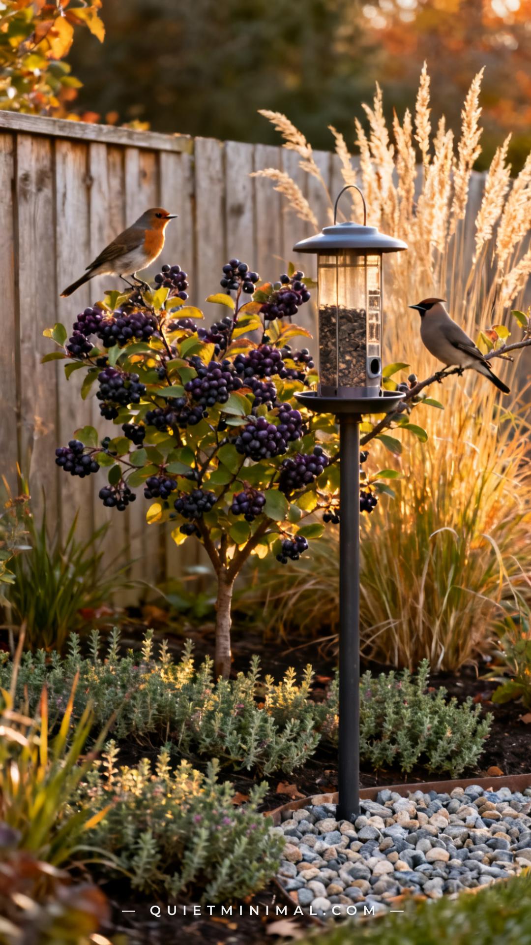 A vertical photograph captures a wide garden corner in autumn showing a small serviceberry shrub heavy with dark purple