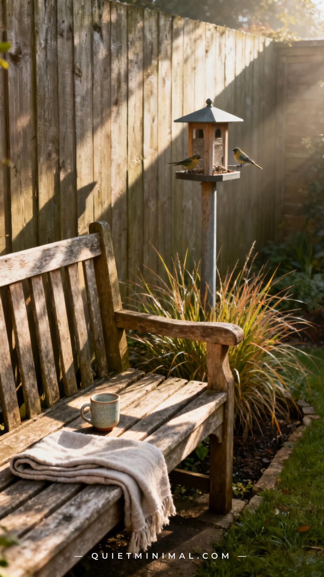 A vertical photograph captures a full garden corner showing a low weathered oak garden bench positioned at the edge of a