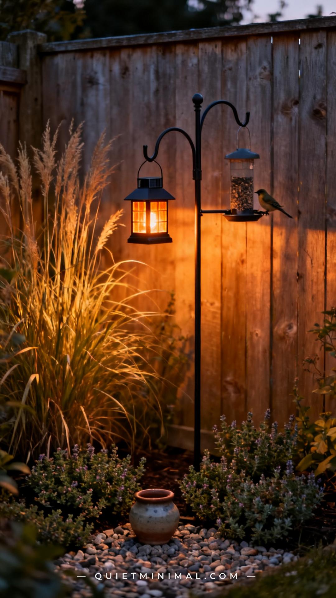 A vertical photograph captures a full garden corner at dusk showing a shepherd's hook feeder station pole with a small m