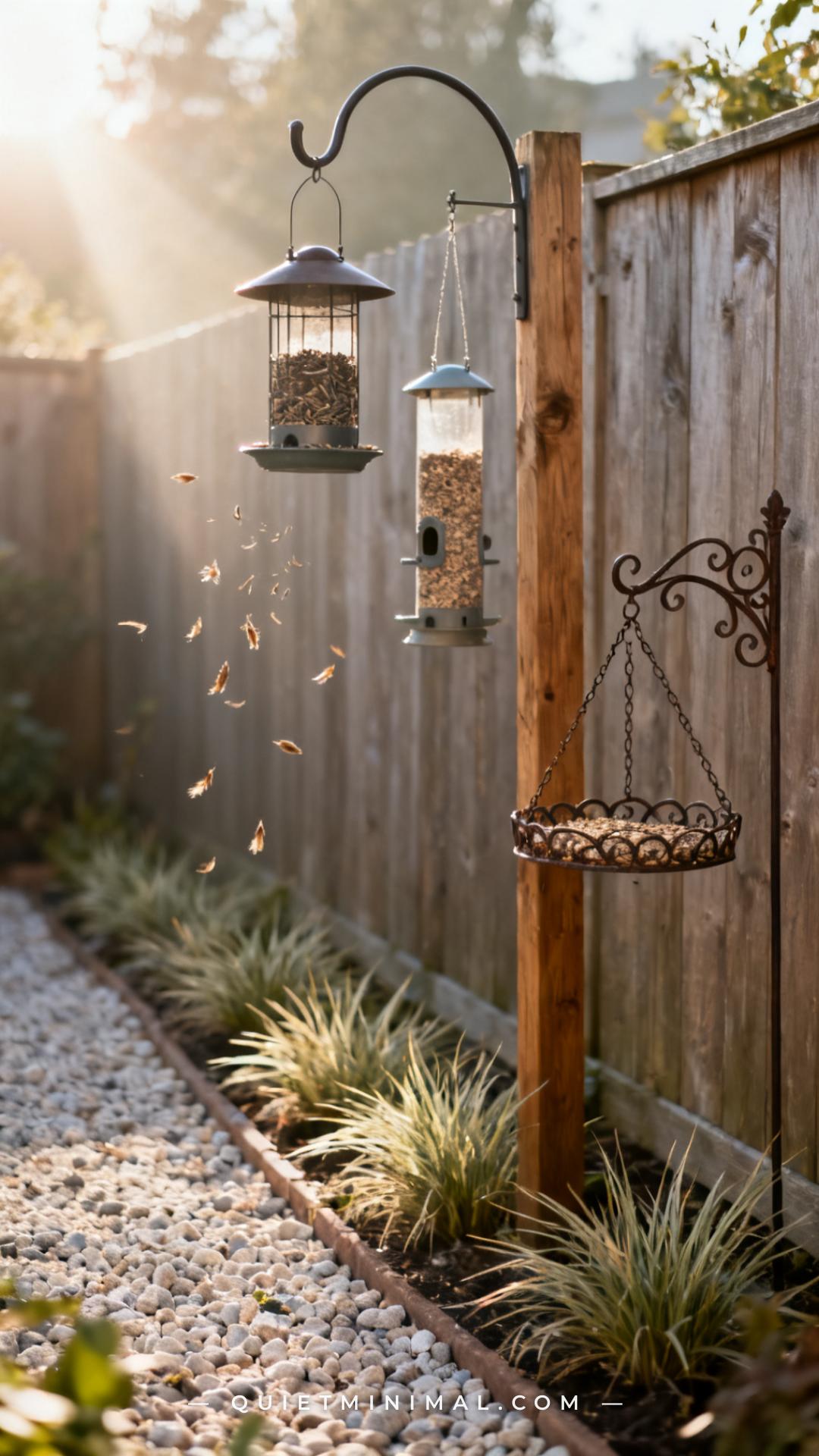 A vertical photograph captures a wide garden corner scene showing three bird feeders hung at distinctly different height